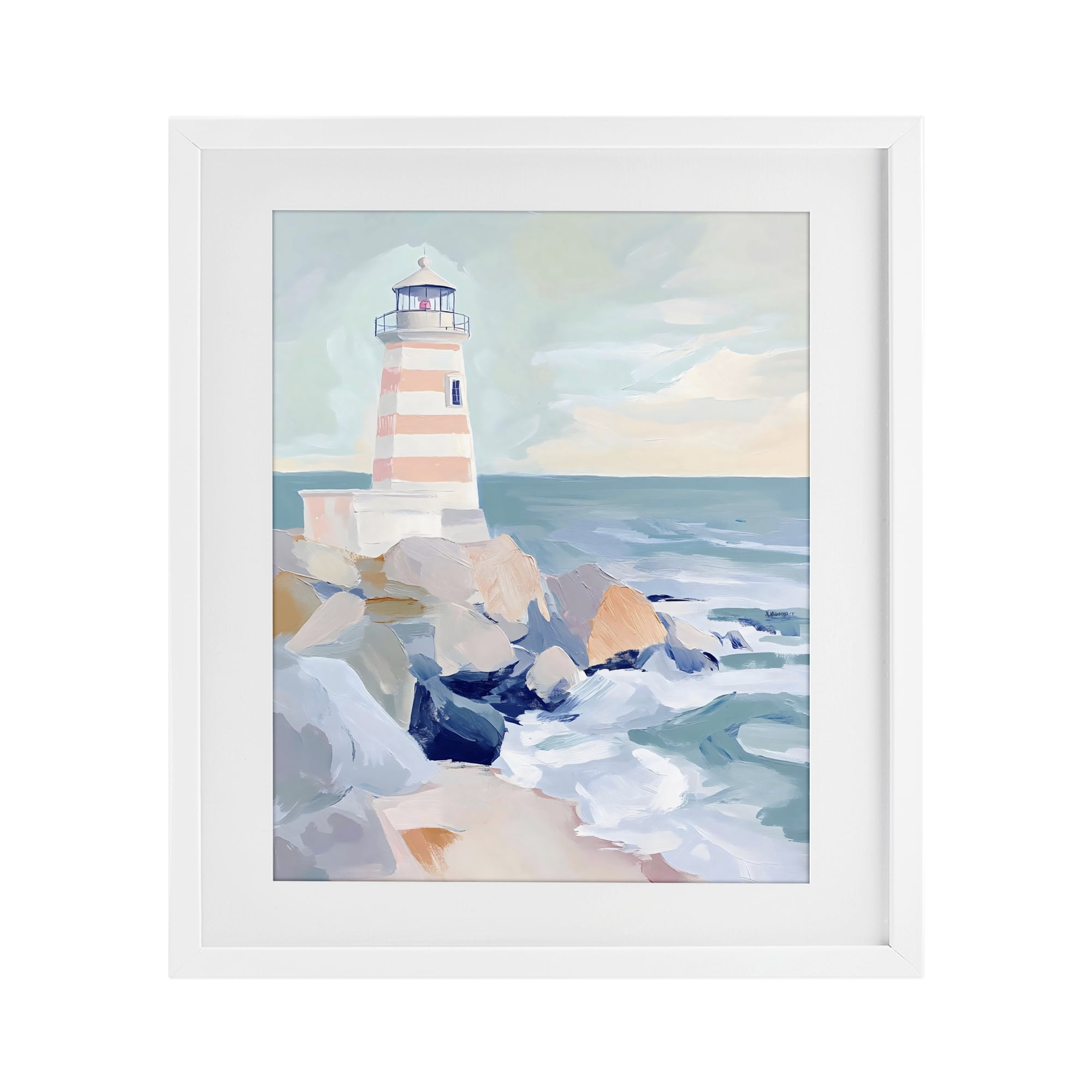 Stupell Industries Coastal Lighthouse in Pastels White Framed Print Under Glass, design by Creative Studio