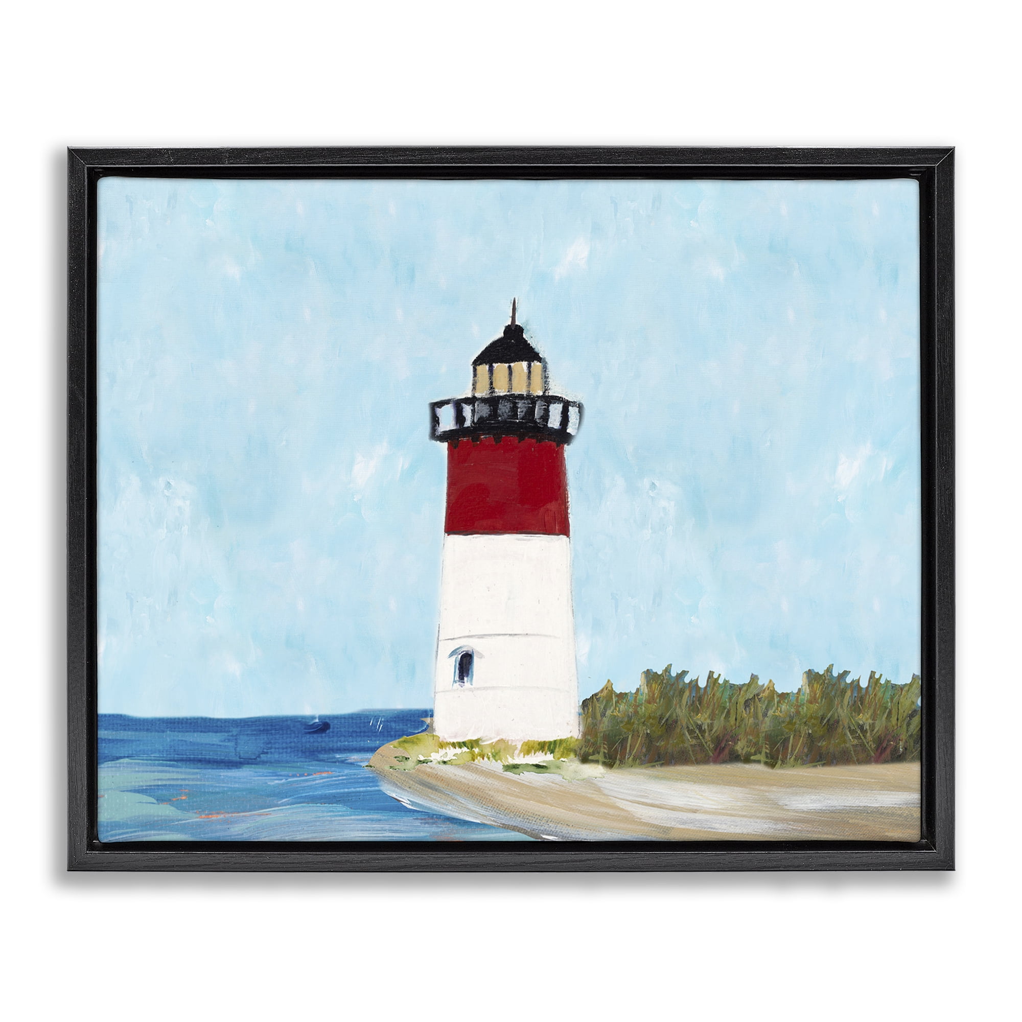 Stupell Industries Coastal Lighthouse on Blue Coastal Painting Black Floater Framed Canvas Art Print Wall Art, 31 x 25
