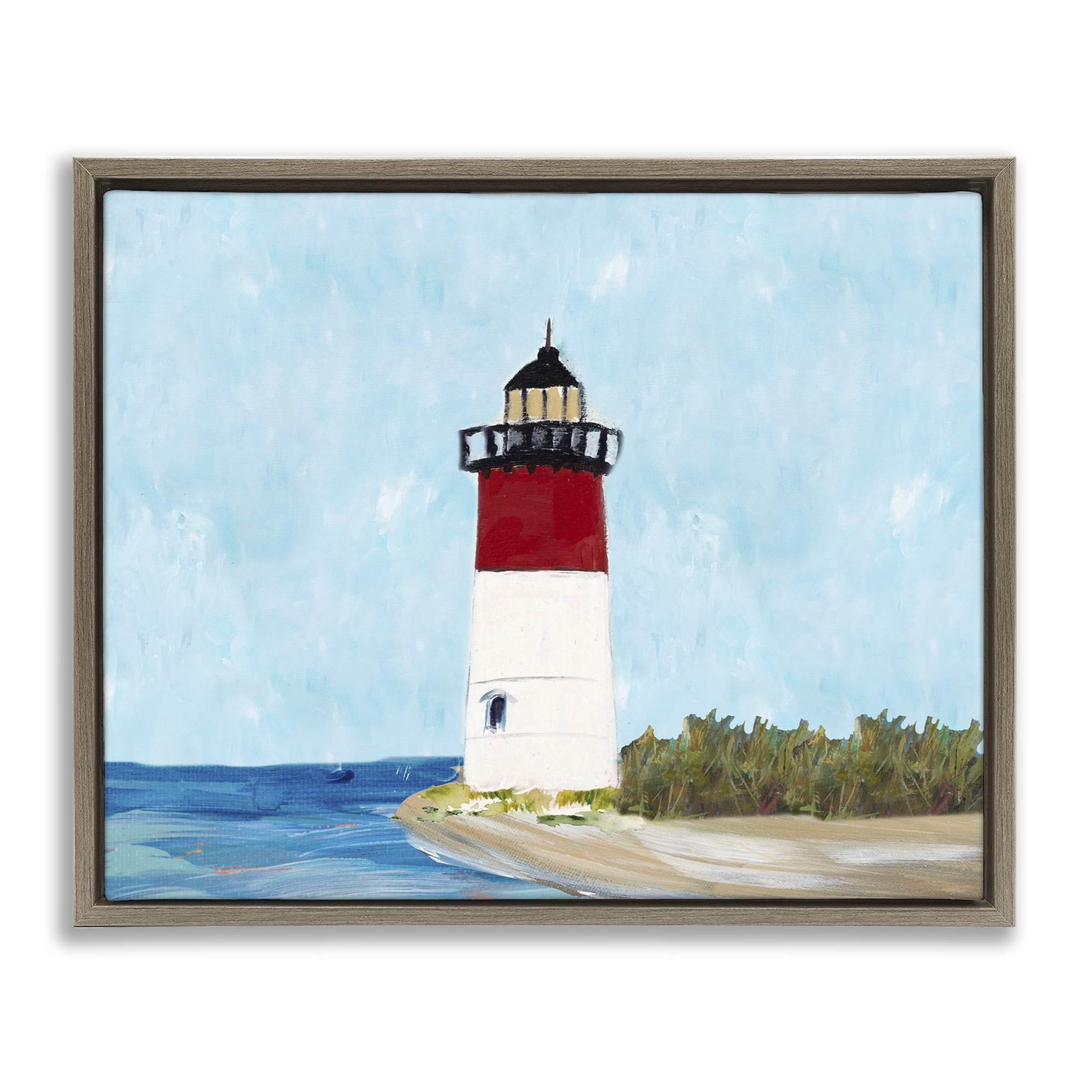 Stupell Industries Coastal Lighthouse on Blue Coastal Painting Brown Floater Framed Canvas Art Print Wall Art, 31 x 25