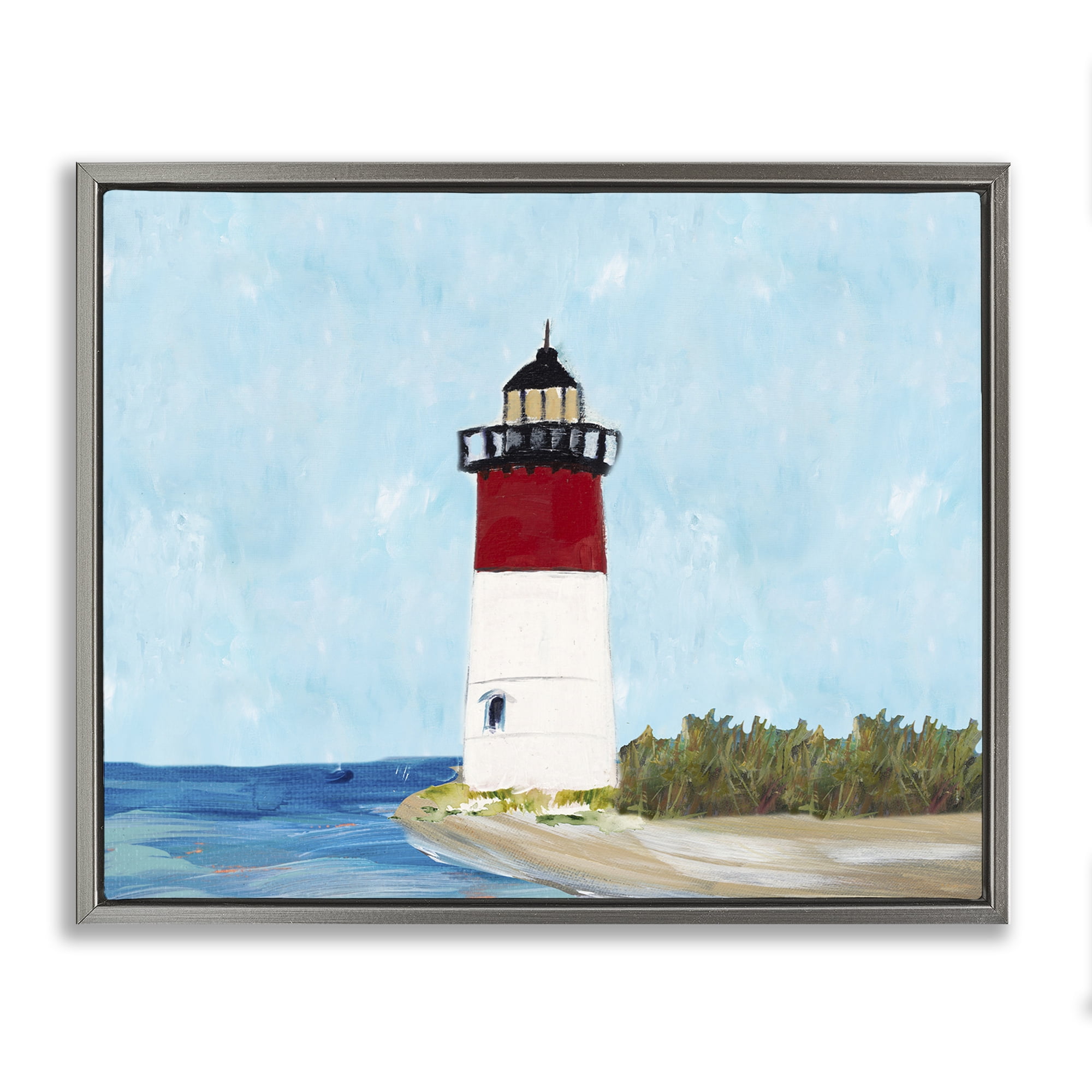 Stupell Industries Coastal Lighthouse on Blue Coastal Painting Gray Floater Framed Canvas Art Print Wall Art, 21 x 17