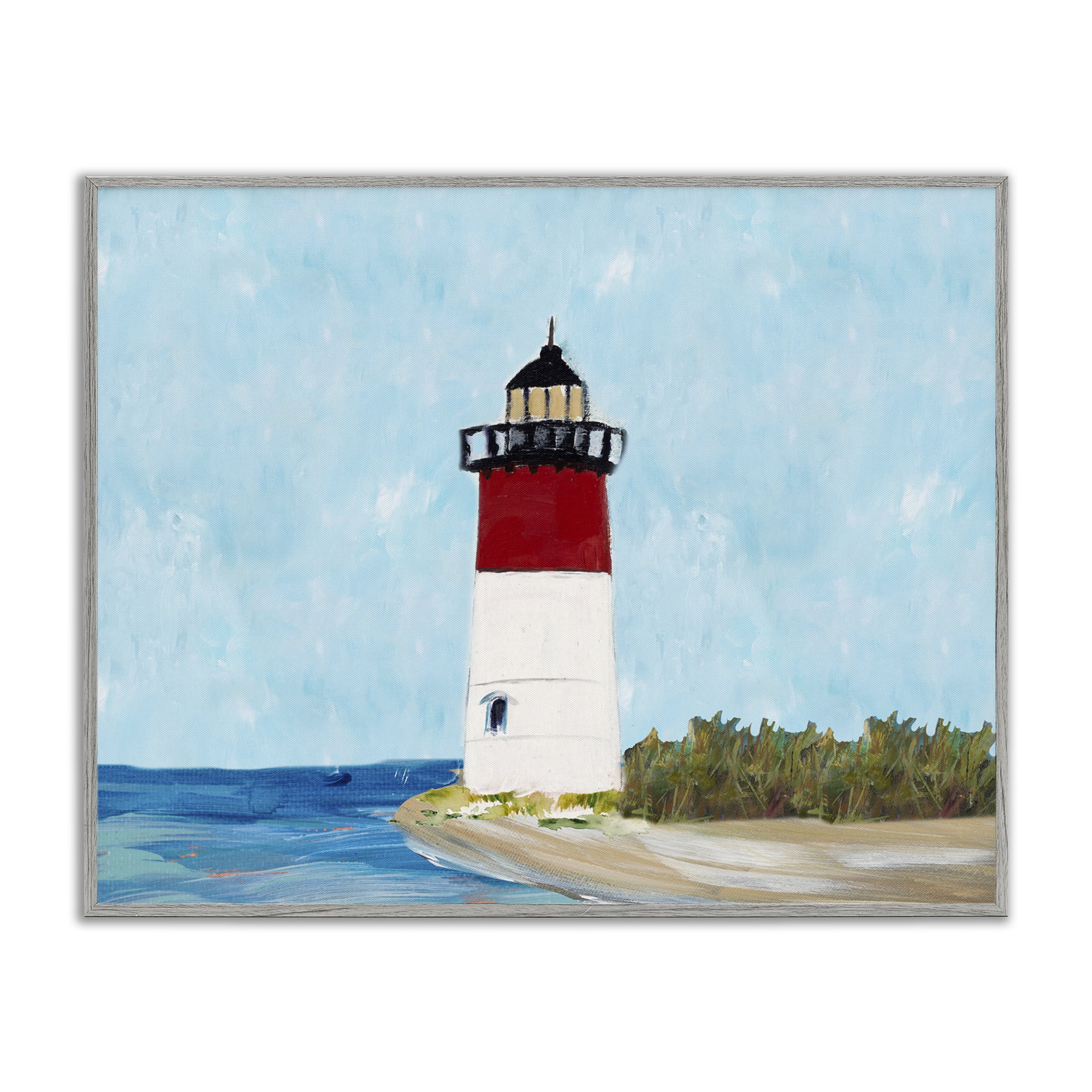 Stupell Industries Coastal Lighthouse on Blue Coastal Painting Gray Framed Art Print Wall Art, 20 x 16