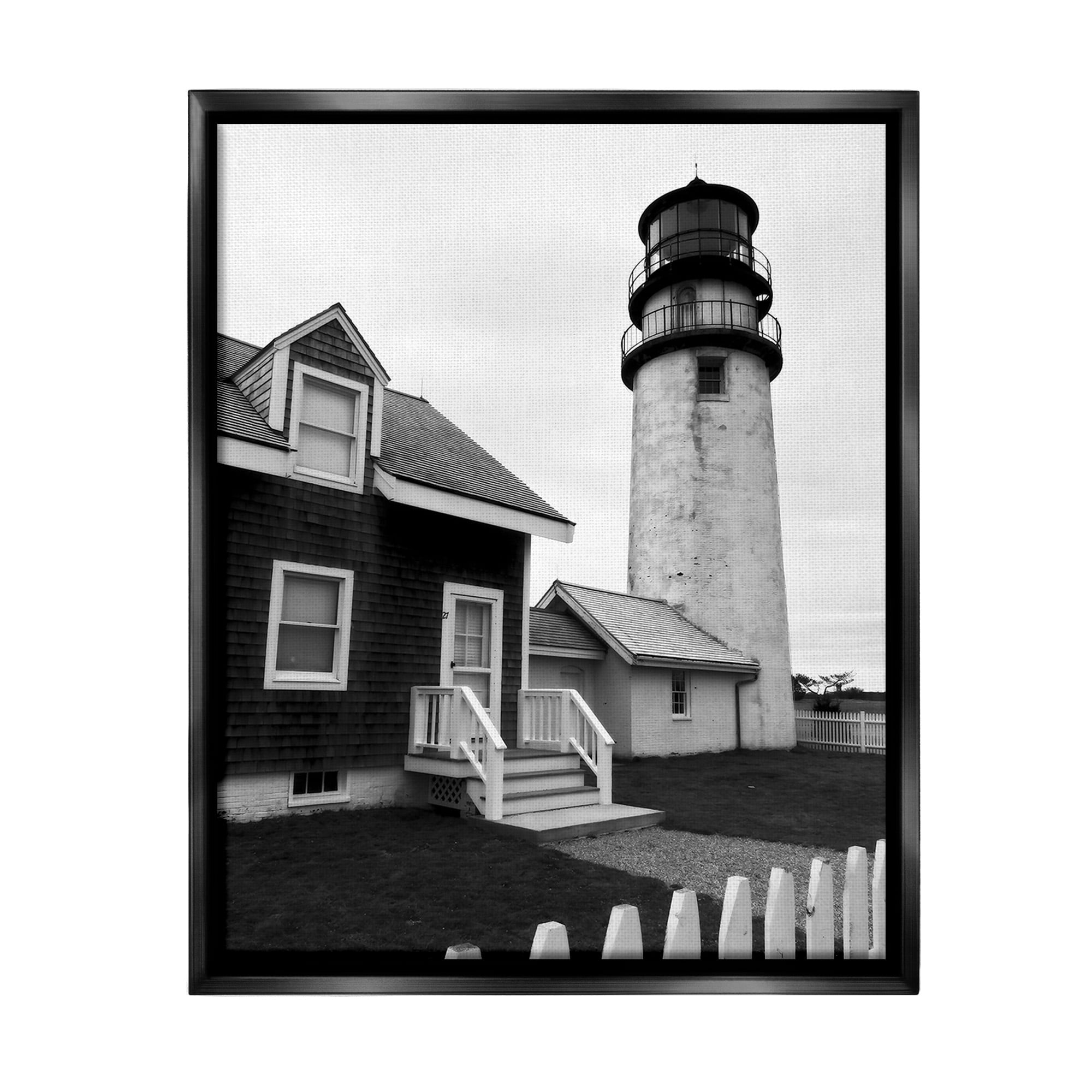 Stupell Industries Coastal Lighthouse with Fence Nature Photography Black Floater Framed Canvas Art Print Wall Art, 17 x 21