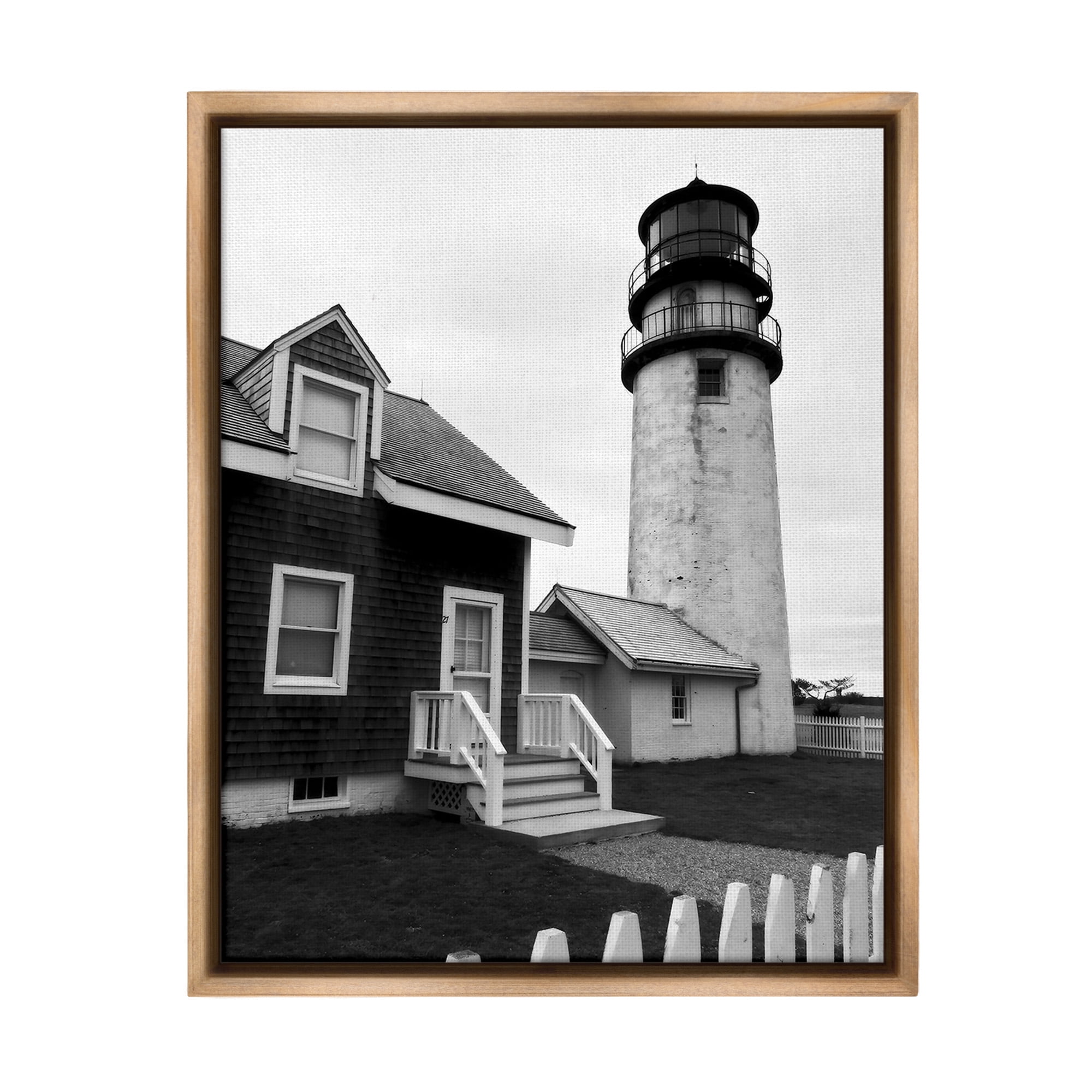 Stupell Industries Coastal Lighthouse with Fence Nature Photography Brown Floater Framed Canvas Art Print Wall Art, 25 x 31