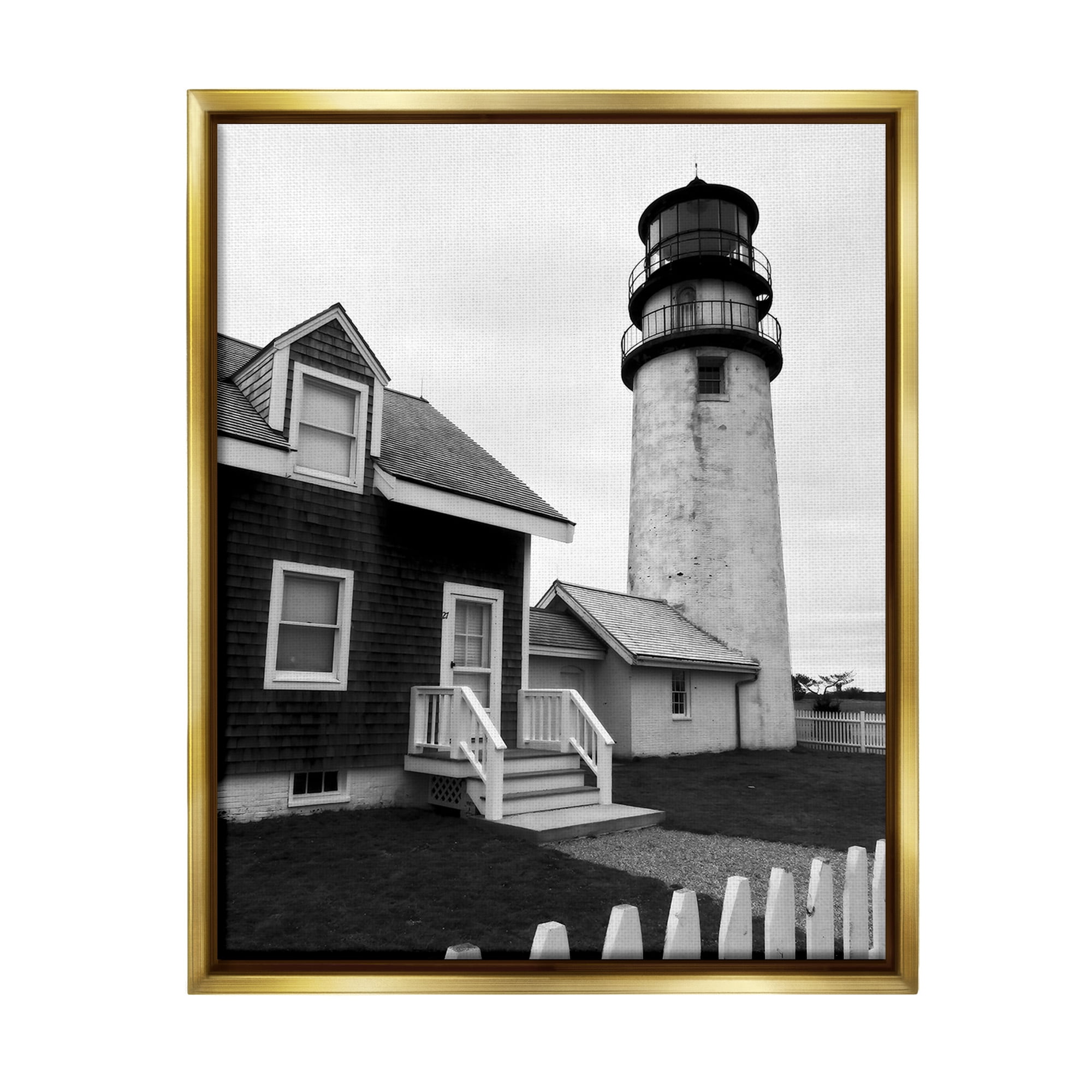 Stupell Industries Coastal Lighthouse with Fence Nature Photography Gold Floater Framed Canvas Art Print Wall Art, 17 x 21