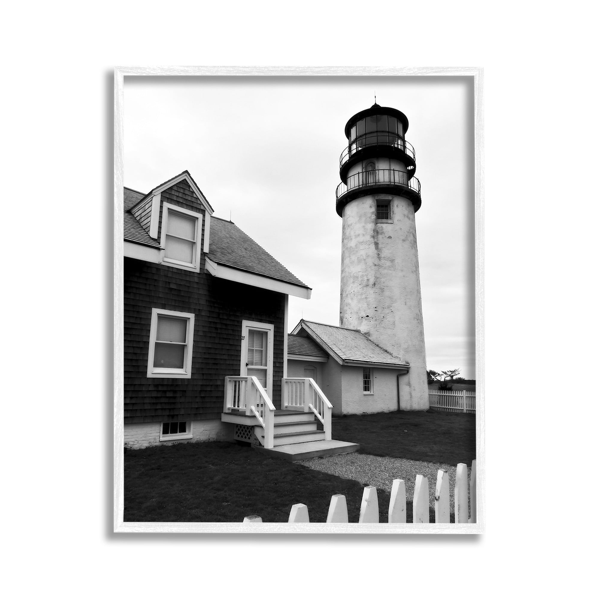 Stupell Industries Coastal Lighthouse with Fence Nature Photography White Framed Art Print Wall Art, 11 x 14