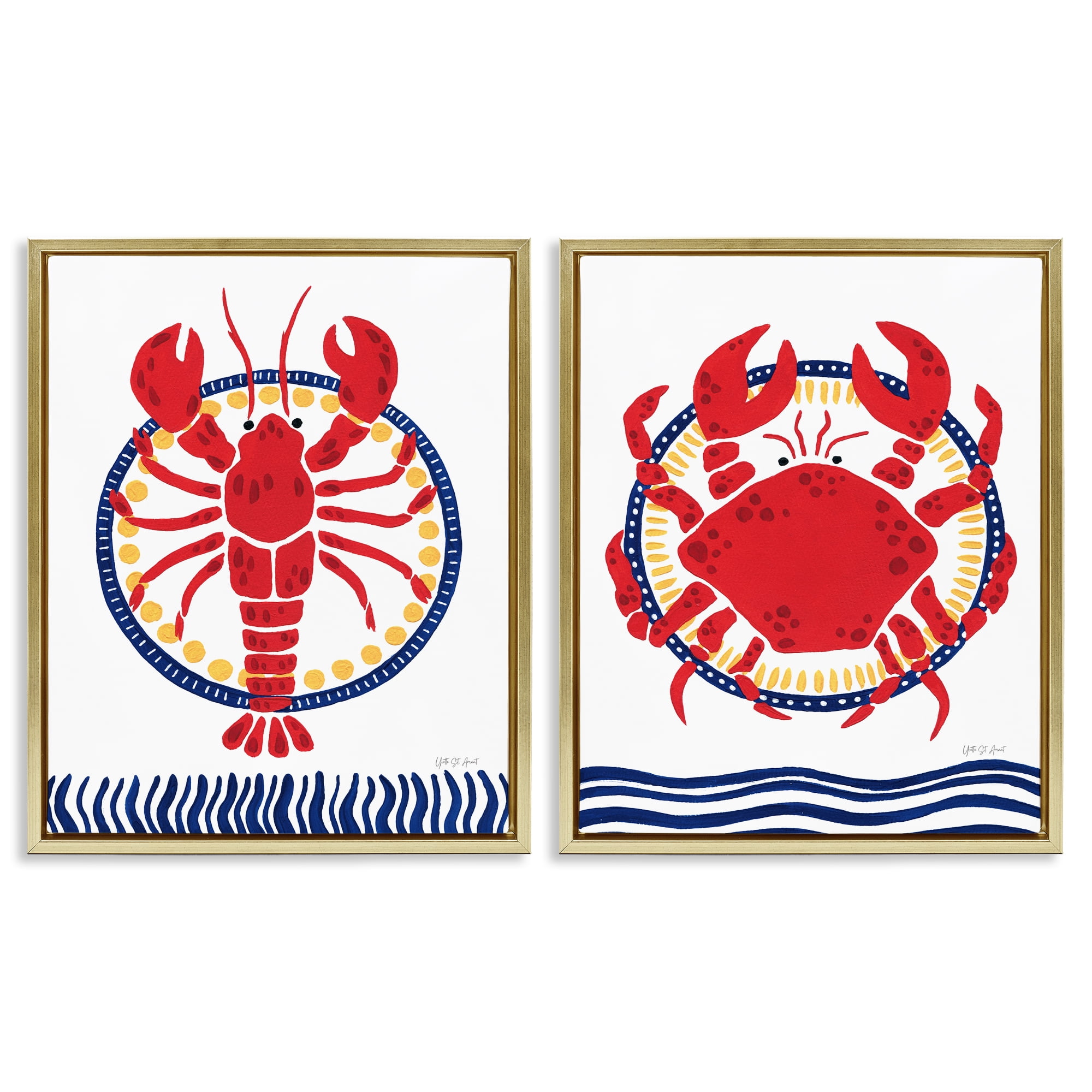 Stupell Industries Coastal Lobster & Crab Animals Painting Gold Floater Framed Canvas Art Print Wall Art, 17 x 21, Set of 2