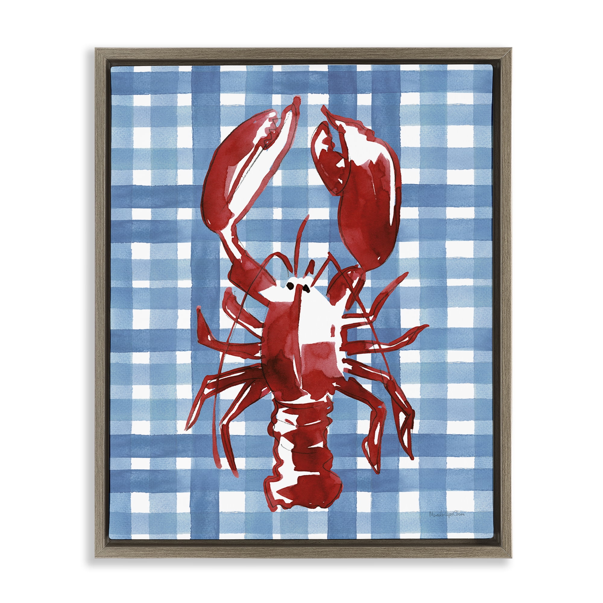 Stupell Industries Coastal Lobster on Plaid Animals Painting Brown Floater Framed Canvas Art Print Wall Art, 25 x 31