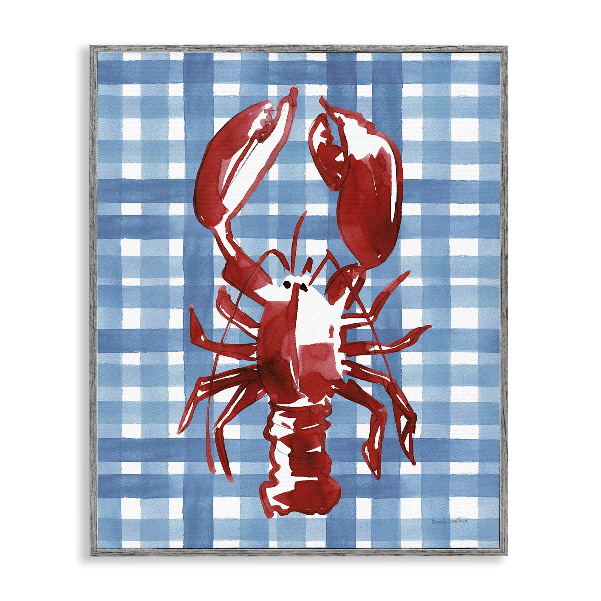 Stupell Industries Coastal Lobster on Plaid Animals Painting Gray Framed Art Print Wall Art, 24 x 30