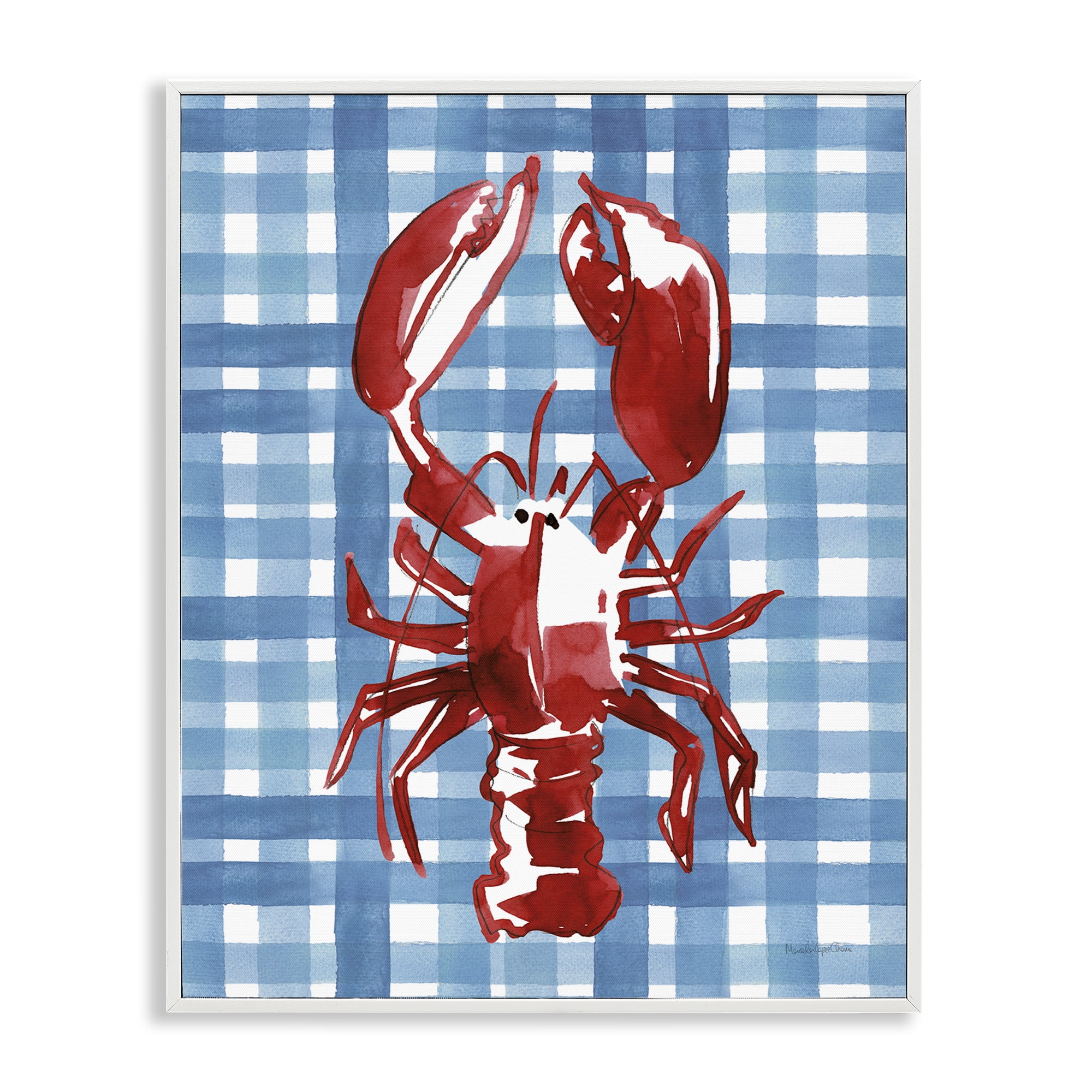 Stupell Industries Coastal Lobster on Plaid Animals Painting White Framed Art Print Wall Art, 16 x 20