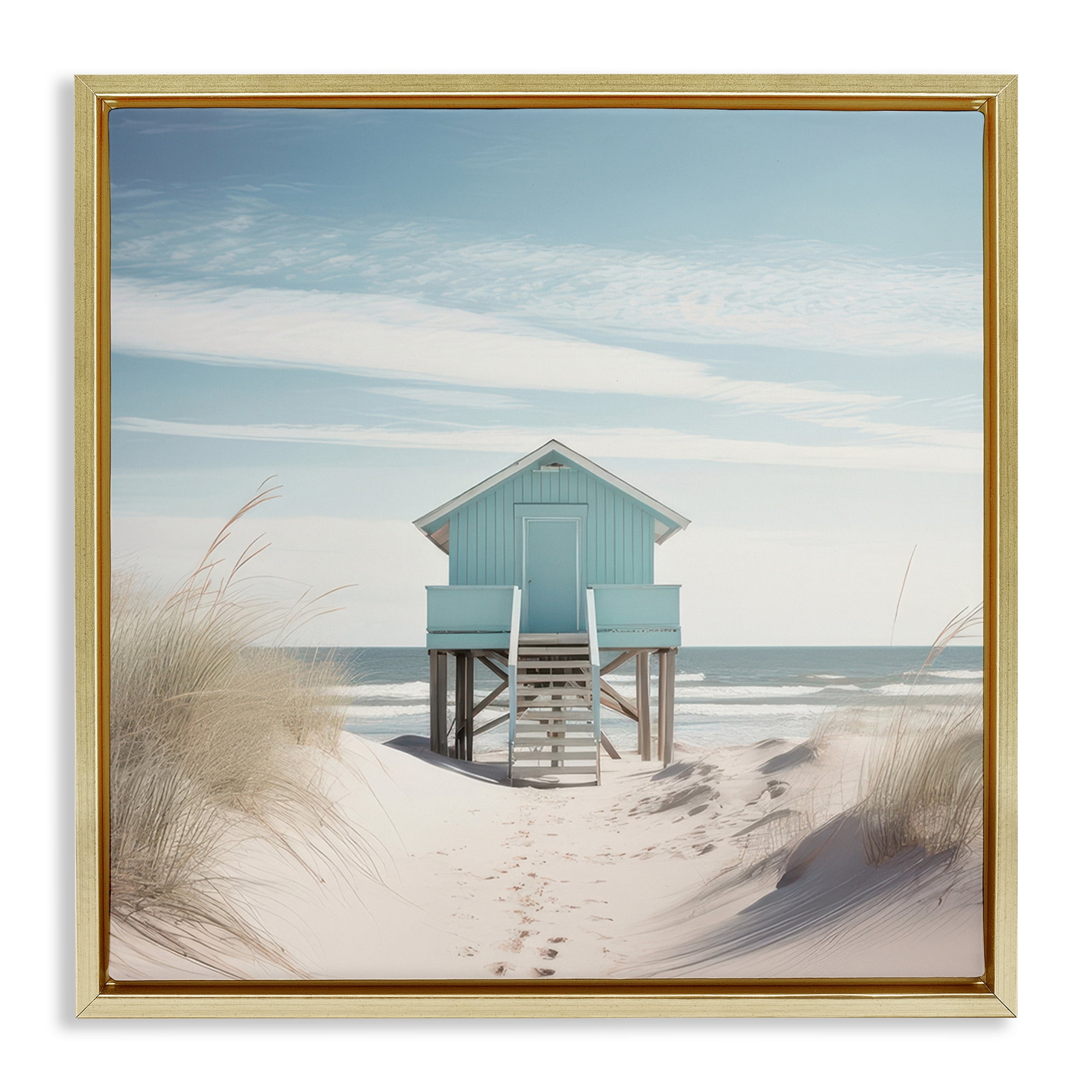 Stupell Industries Coastal Lookout Hut Nautical & Beach Painting Gold Floater Framed Canvas Art Print Wall Art, 18 x 18