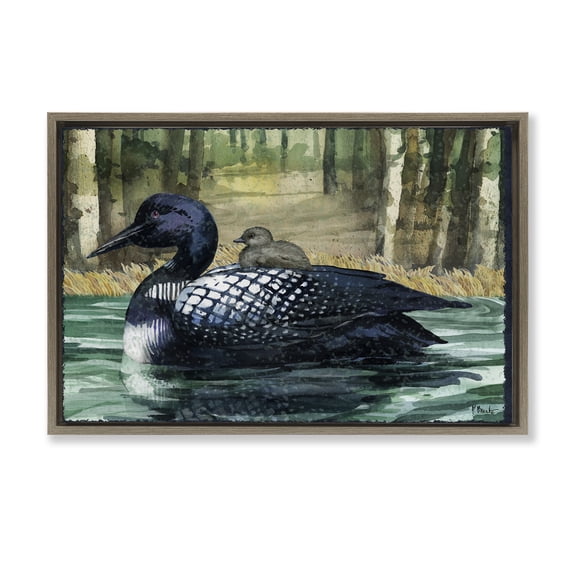 Stupell Industries Coastal Loon with Baby on Lake Brown Floating Frame Canvas Art, 25 x 17, by Paul Brent