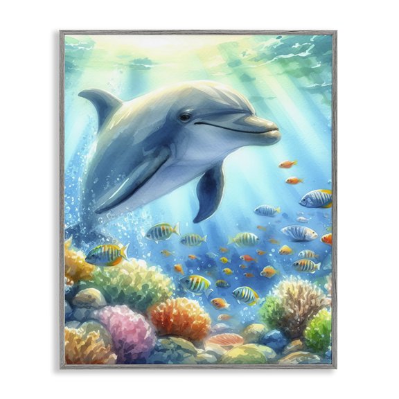 Stupell Industries Coastal Majestic Dolphin Underwater Gray Framed Giclee Art, 11 x 14, by LSR Design Studio