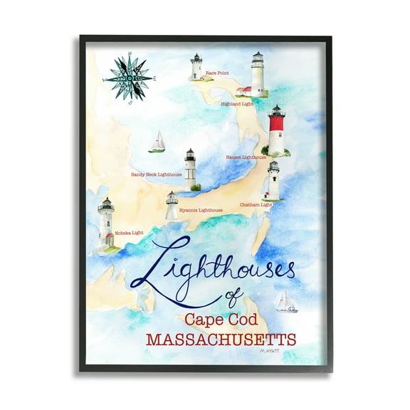 Stupell Industries Coastal Map of Cape Cod Massachusetts Lighthouses Black Framed, 11 x 14, Design by Melissa Hyatt LLC