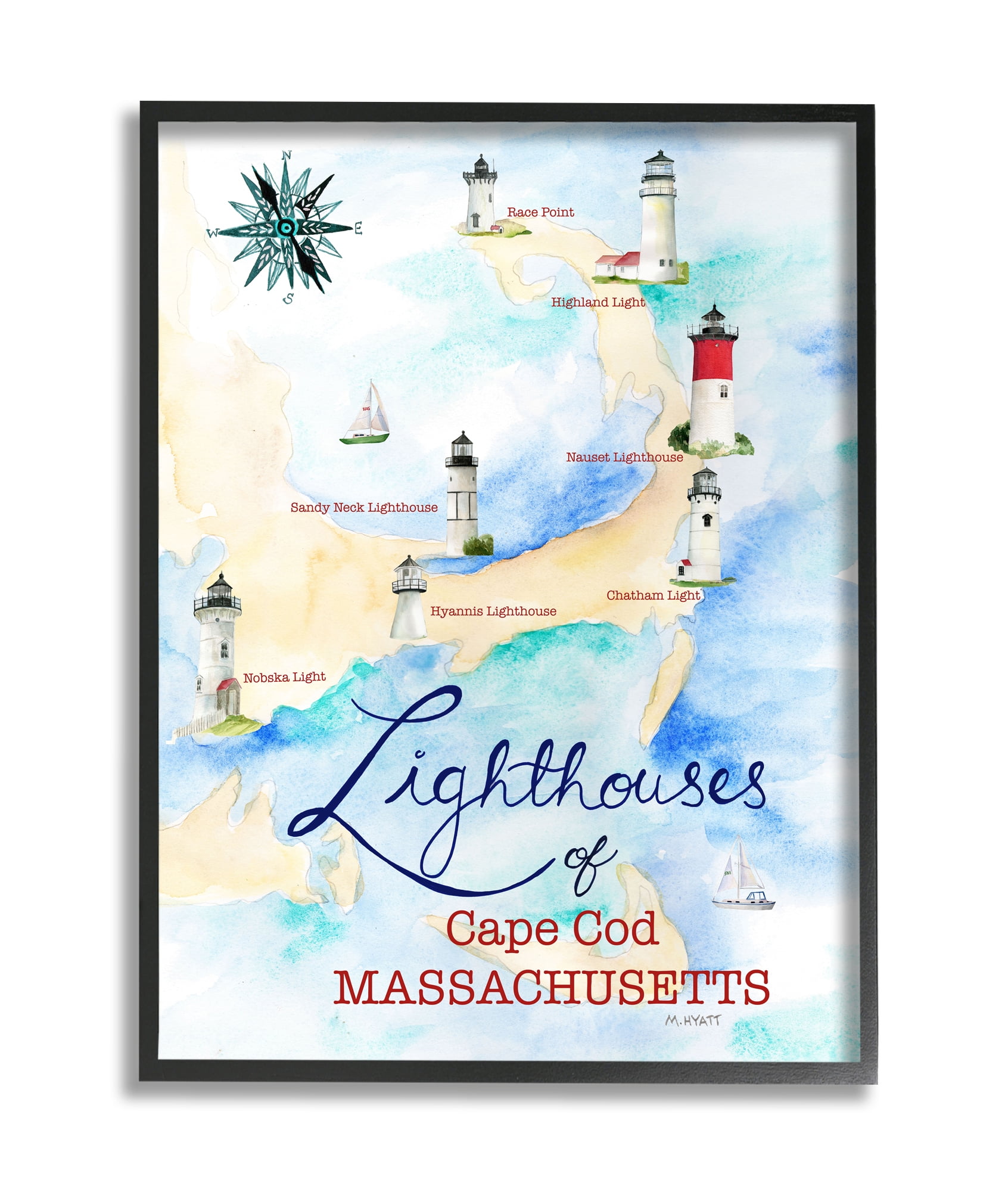 Stupell Industries Coastal Map of Cape Cod Massachusetts Lighthouses Black Framed, 24 x 30, Design by Melissa Hyatt LLC