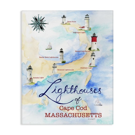 Stupell Industries Traditional Coastal Map of Cape Cod Massachusetts Lighthouses Canvas Art, 24 x 30, by Melissa Hyatt