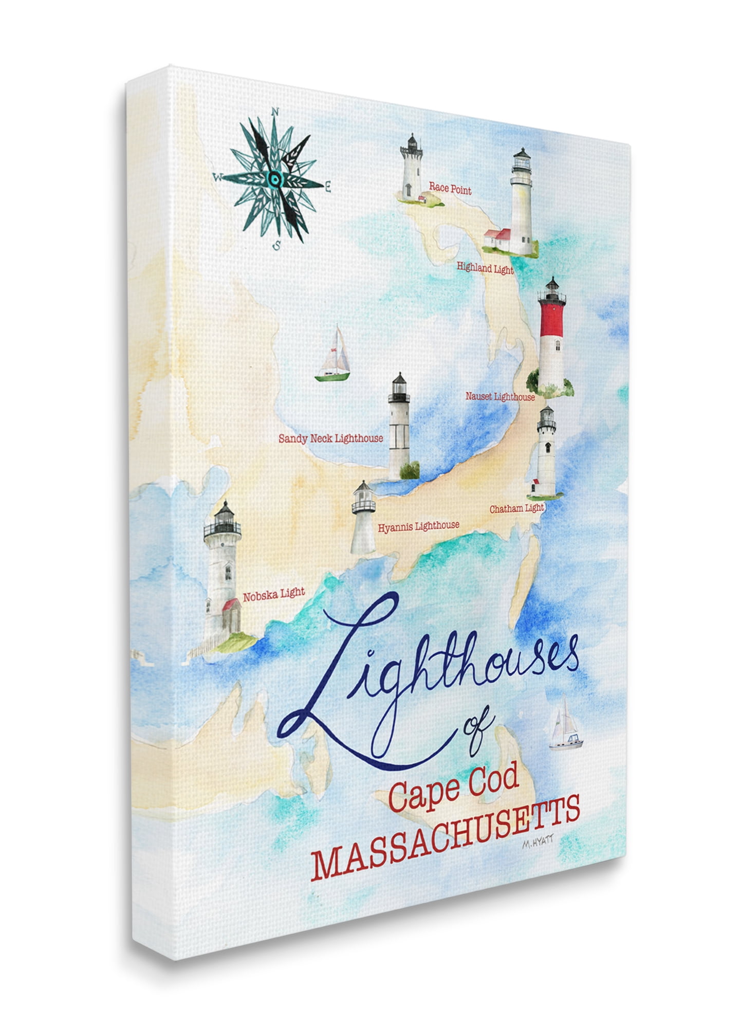 Stupell Industries Coastal Map of Cape Cod Massachusetts Lighthouses Canvas Wall Art, 30 x 40, Design by Melissa Hyatt LLC