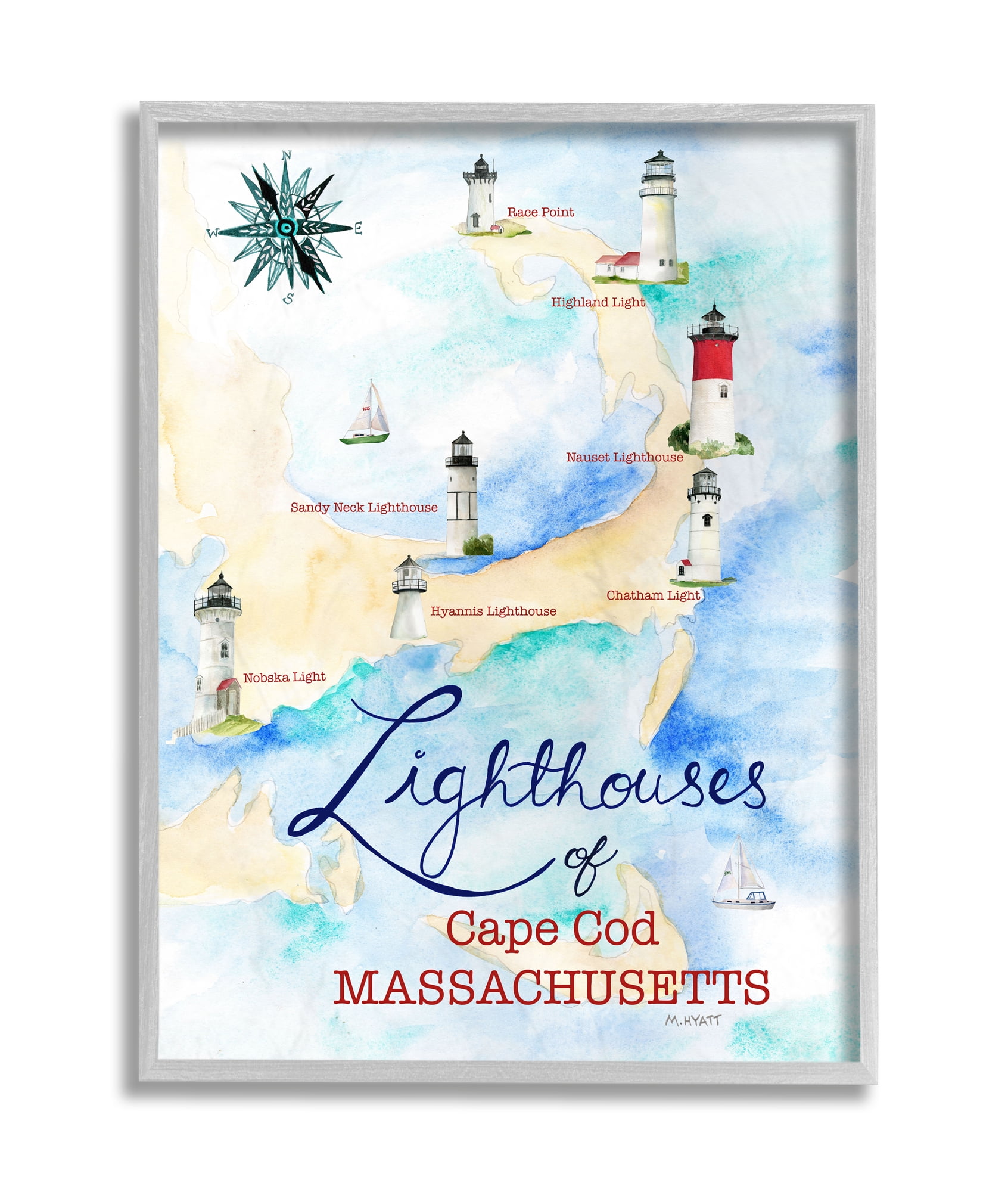 Stupell Industries Coastal Map of Cape Cod Massachusetts Lighthouses Grey Framed, 11 x 14, Design by Melissa Hyatt LLC