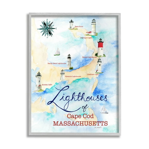 Stupell Industries Coastal Map of Cape Cod Massachusetts Lighthouses Grey Framed, 11 x 14, Design by Melissa Hyatt LLC