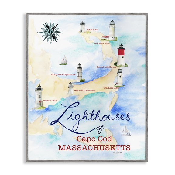 Stupell Industries Traditional Coastal Map of Cape Cod Massachusetts Lighthouses Gray Framed Giclee Art, 16 x 20, by Melissa Hyatt