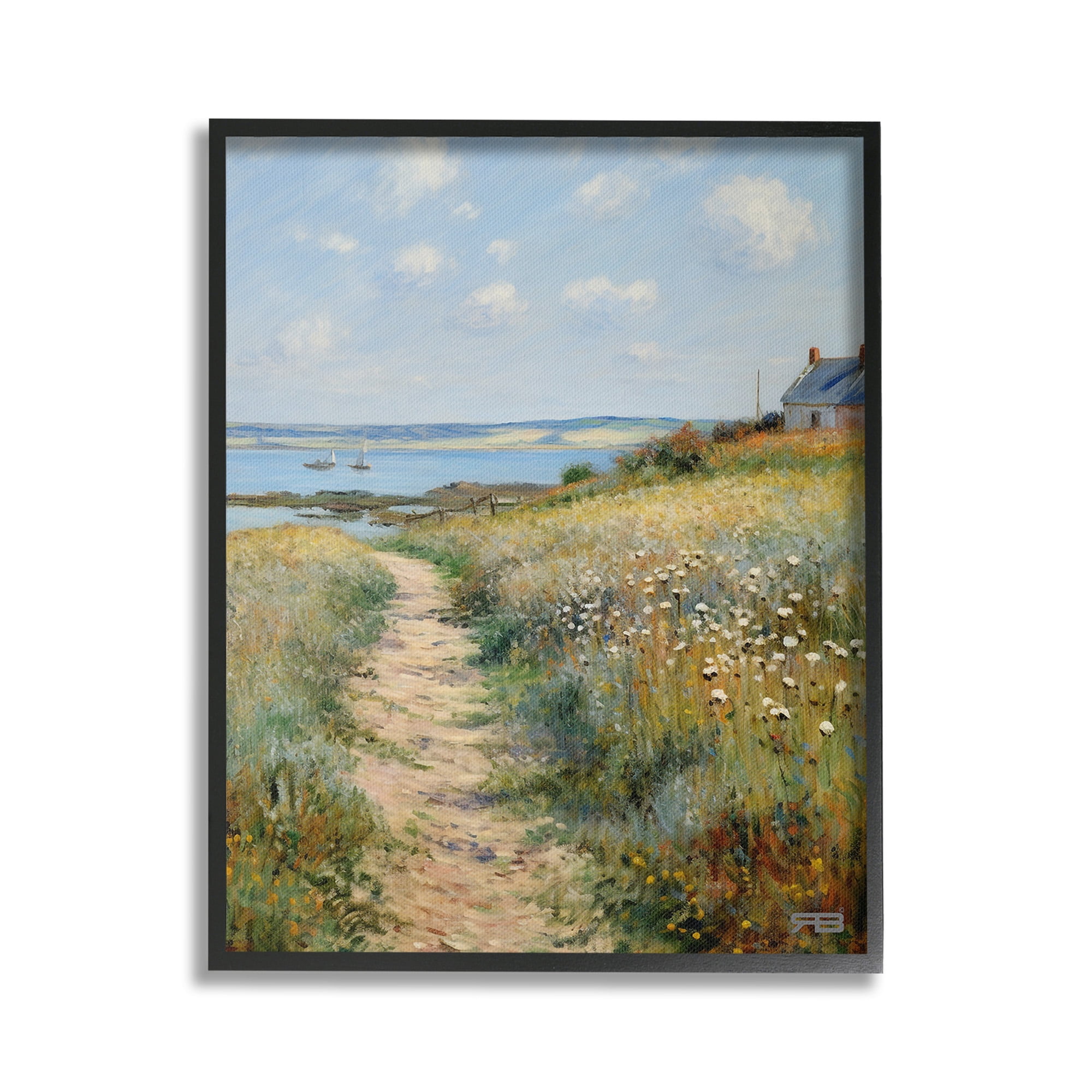 Stupell Industries Coastal Meadow Path Landscape Painting Black Framed Art Print Wall Art, 24 x 30