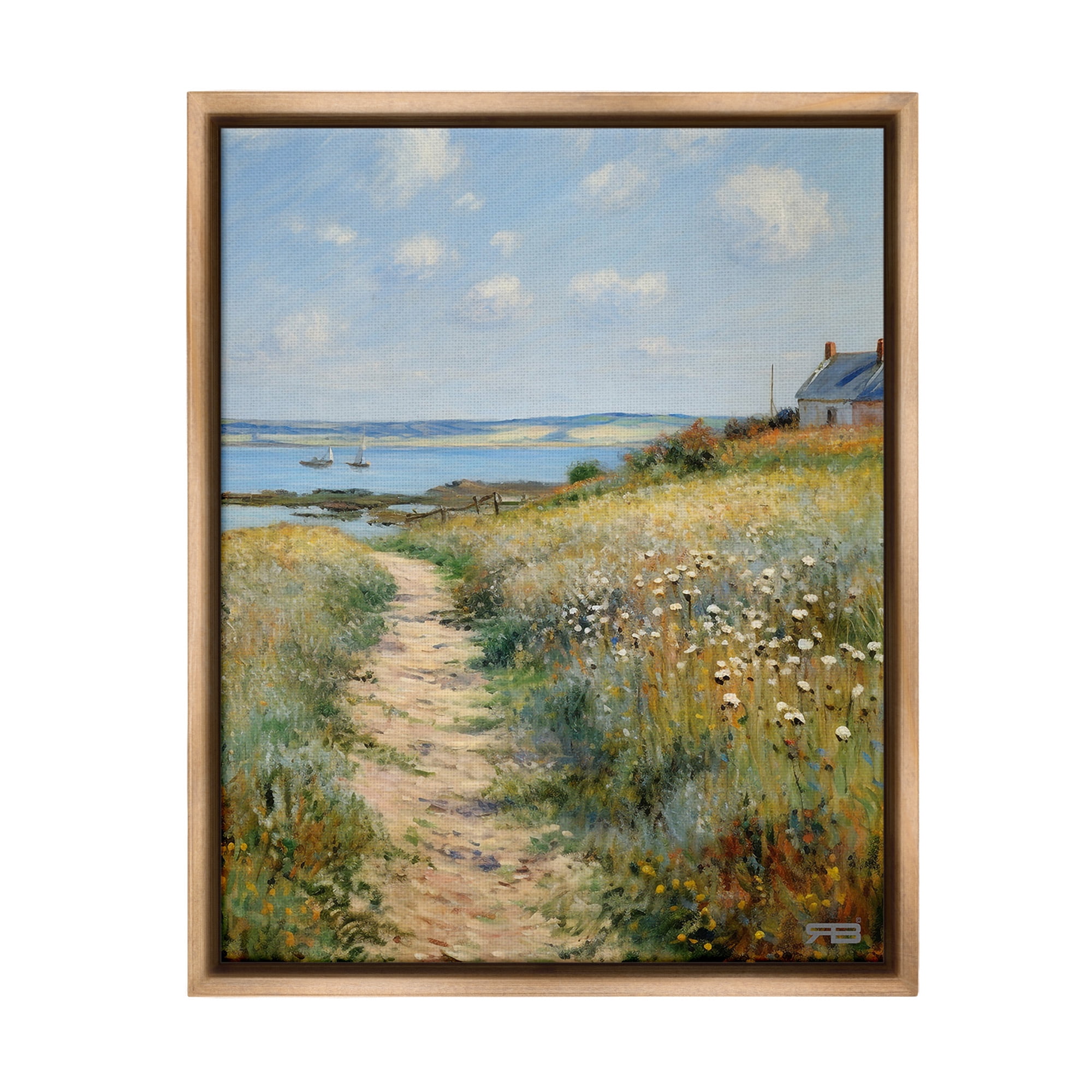 Stupell Industries Coastal Meadow Path Landscape Painting Brown Floater Framed Canvas Art Print Wall Art, 25 x 31