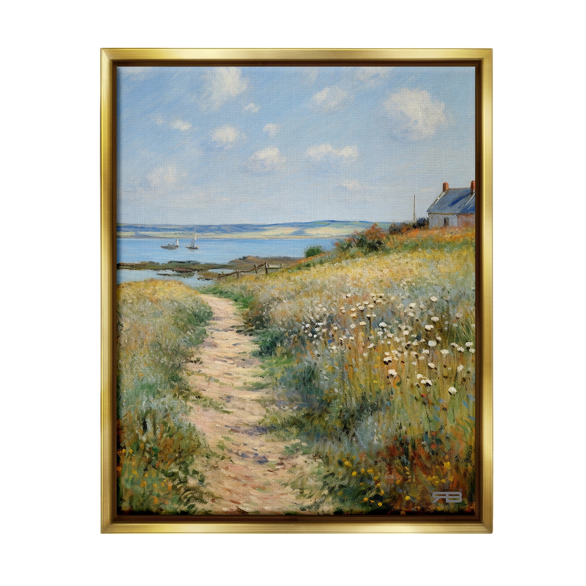 Stupell Industries Coastal Meadow Path Landscape Painting Gold Floater Framed Canvas Art Print Wall Art, 25 x 31
