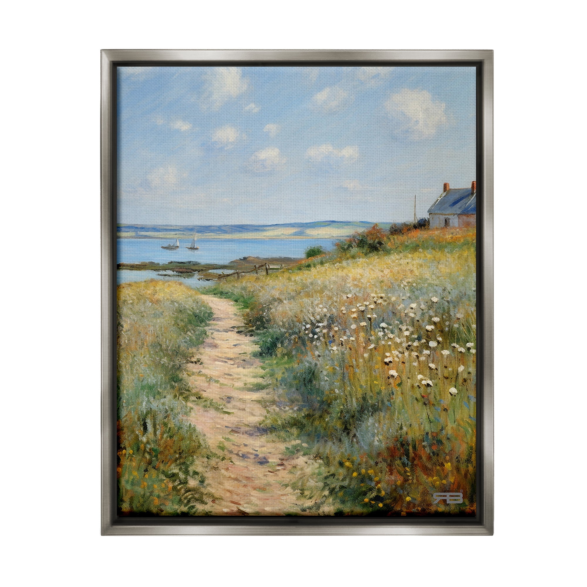 Stupell Industries Coastal Meadow Path Landscape Painting Gray Floater Framed Canvas Art Print Wall Art, 25 x 31