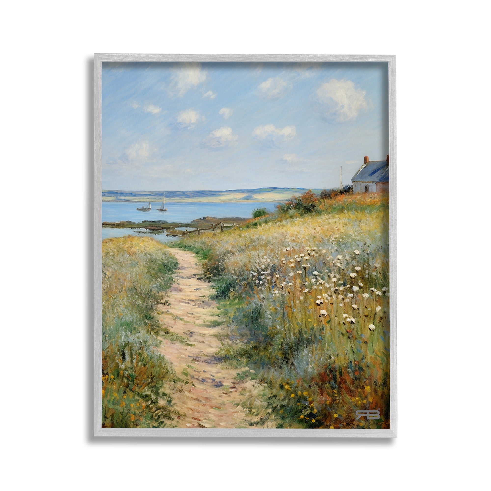 Stupell Industries Coastal Meadow Path Landscape Painting Gray Framed Art Print Wall Art, 11 x 14
