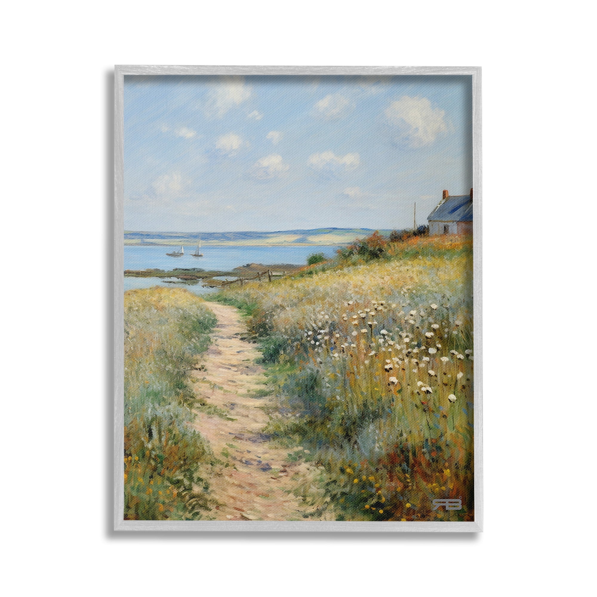 Stupell Industries Coastal Meadow Path Landscape Painting Gray Framed Art Print Wall Art, 24 x 30