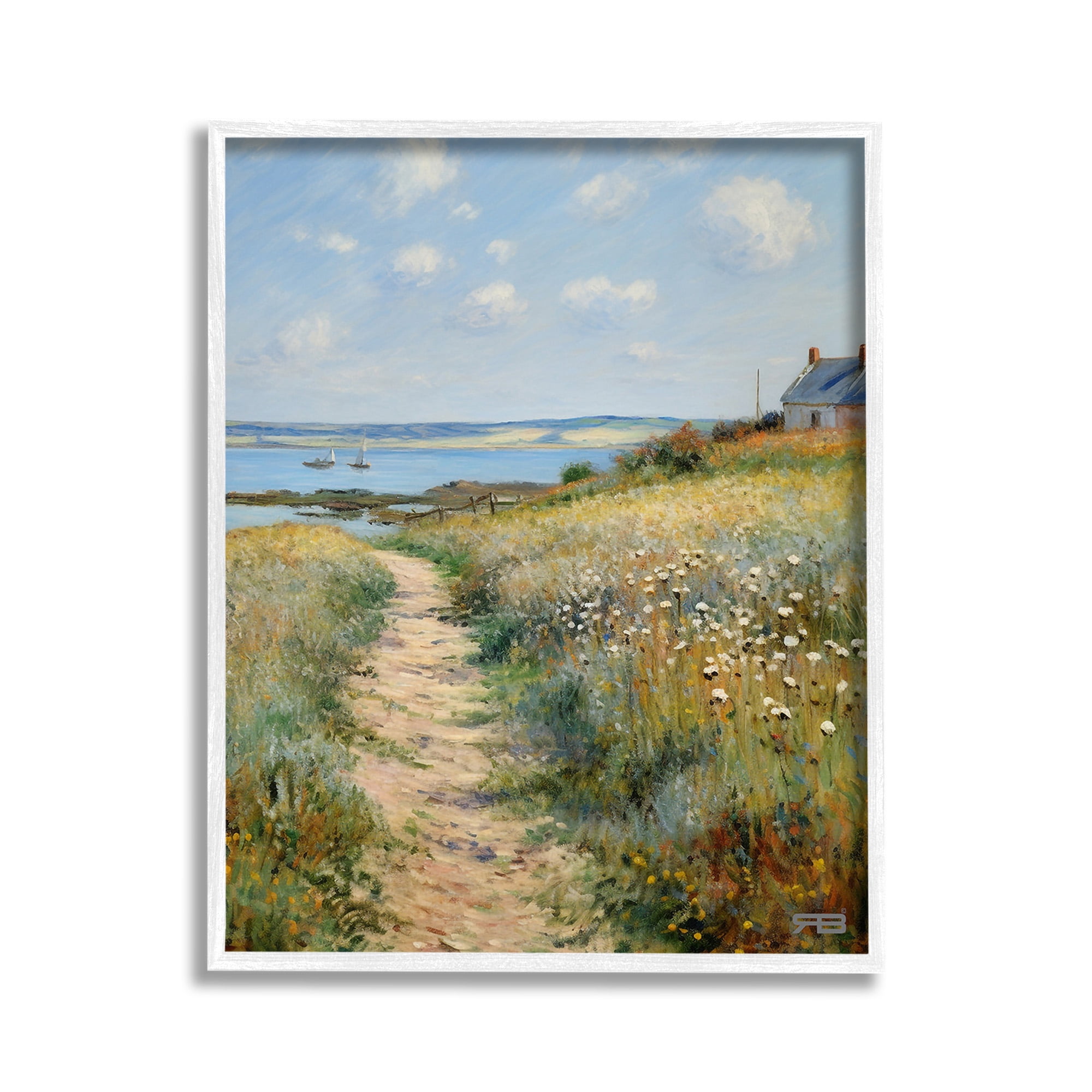 Stupell Industries Coastal Meadow Path Landscape Painting White Framed Art Print Wall Art, 11 x 14