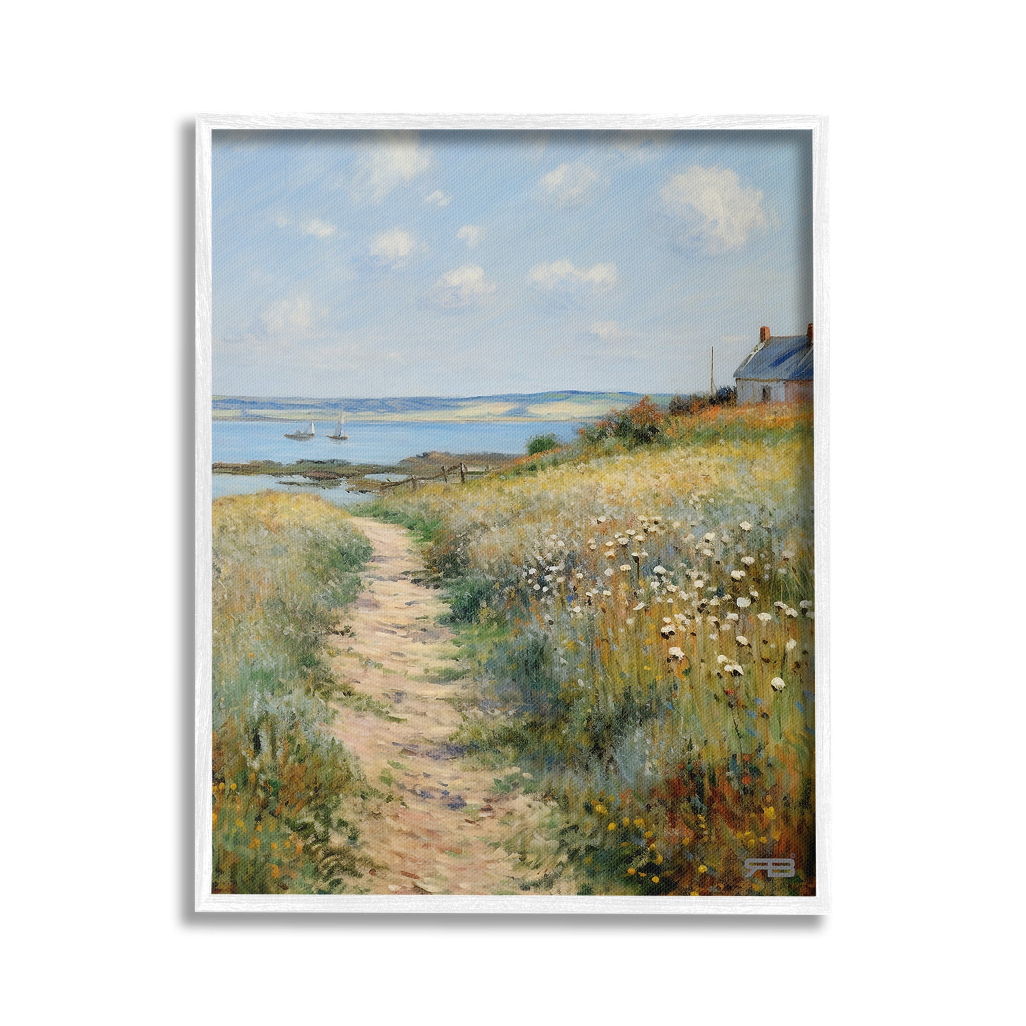 Stupell Industries Coastal Meadow Path Landscape Painting White Framed Art Print Wall Art, 16 x 20