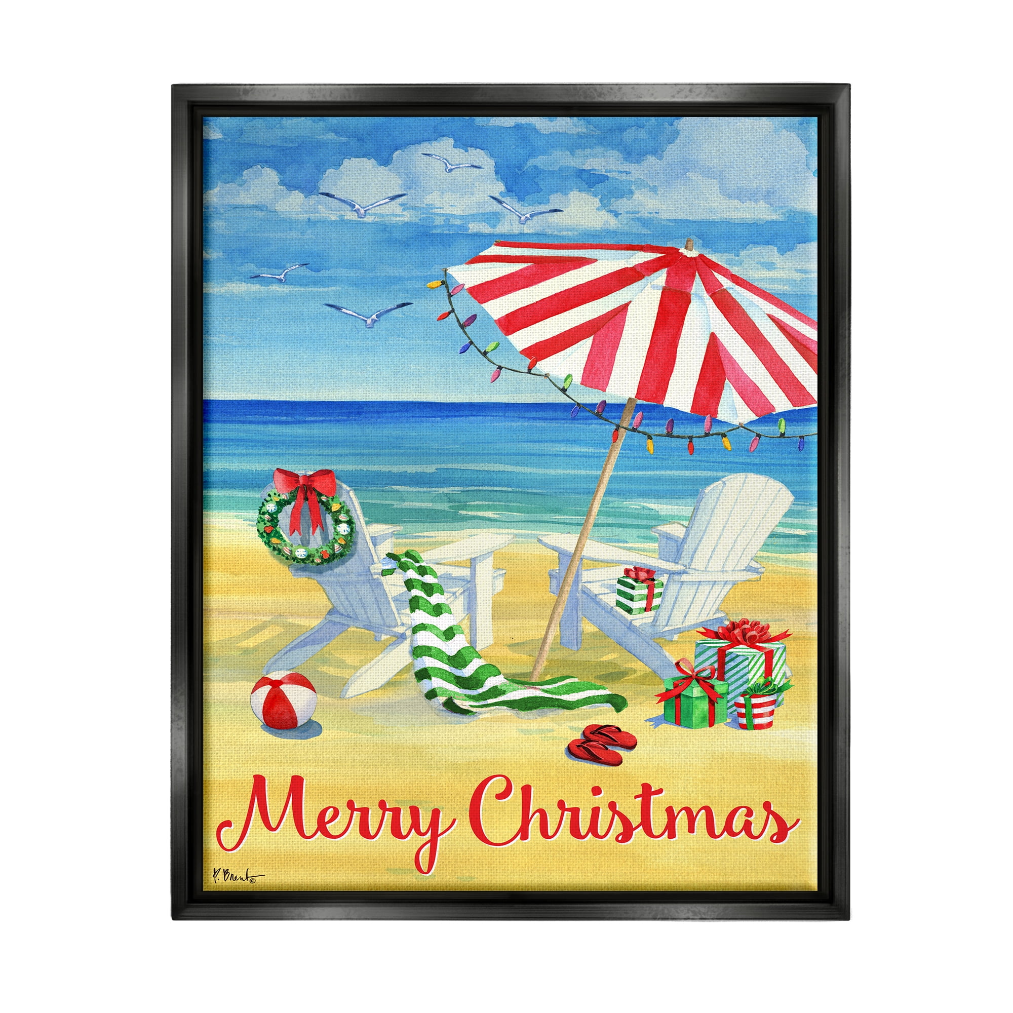 Stupell Industries Coastal Merry Christmas Holiday Painting Black Floater Framed Art Print Wall Art, 17 x 21