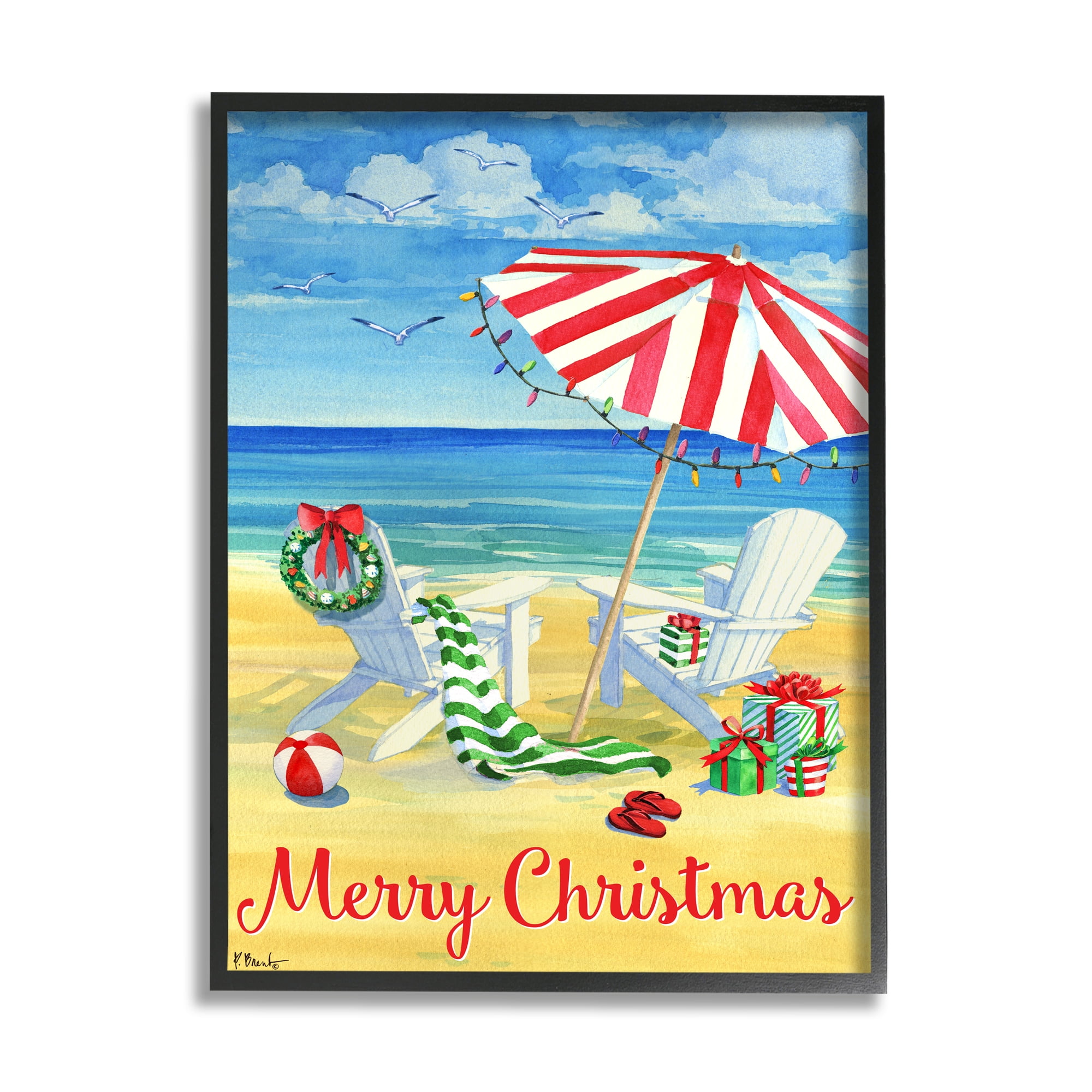 Stupell Industries Coastal Merry Christmas Holiday Painting Black Framed Art Print Wall Art, 16 x 20