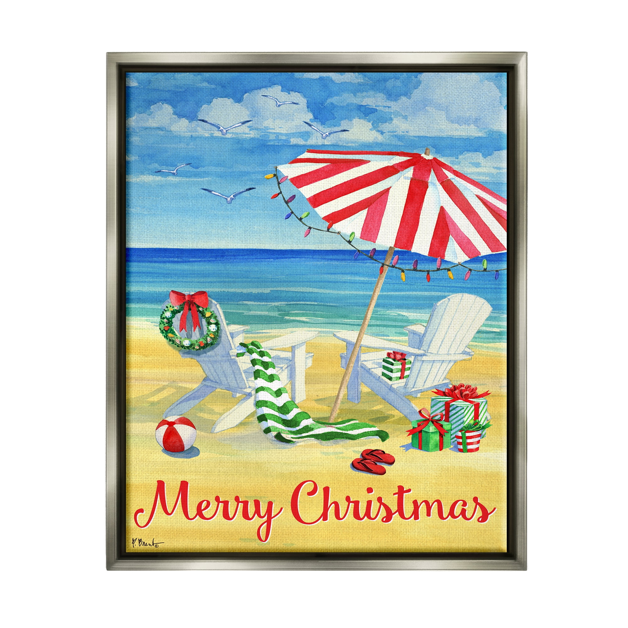 Stupell Industries Coastal Merry Christmas Holiday Painting Gray Floater Framed Art Print Wall Art, 17 x 21