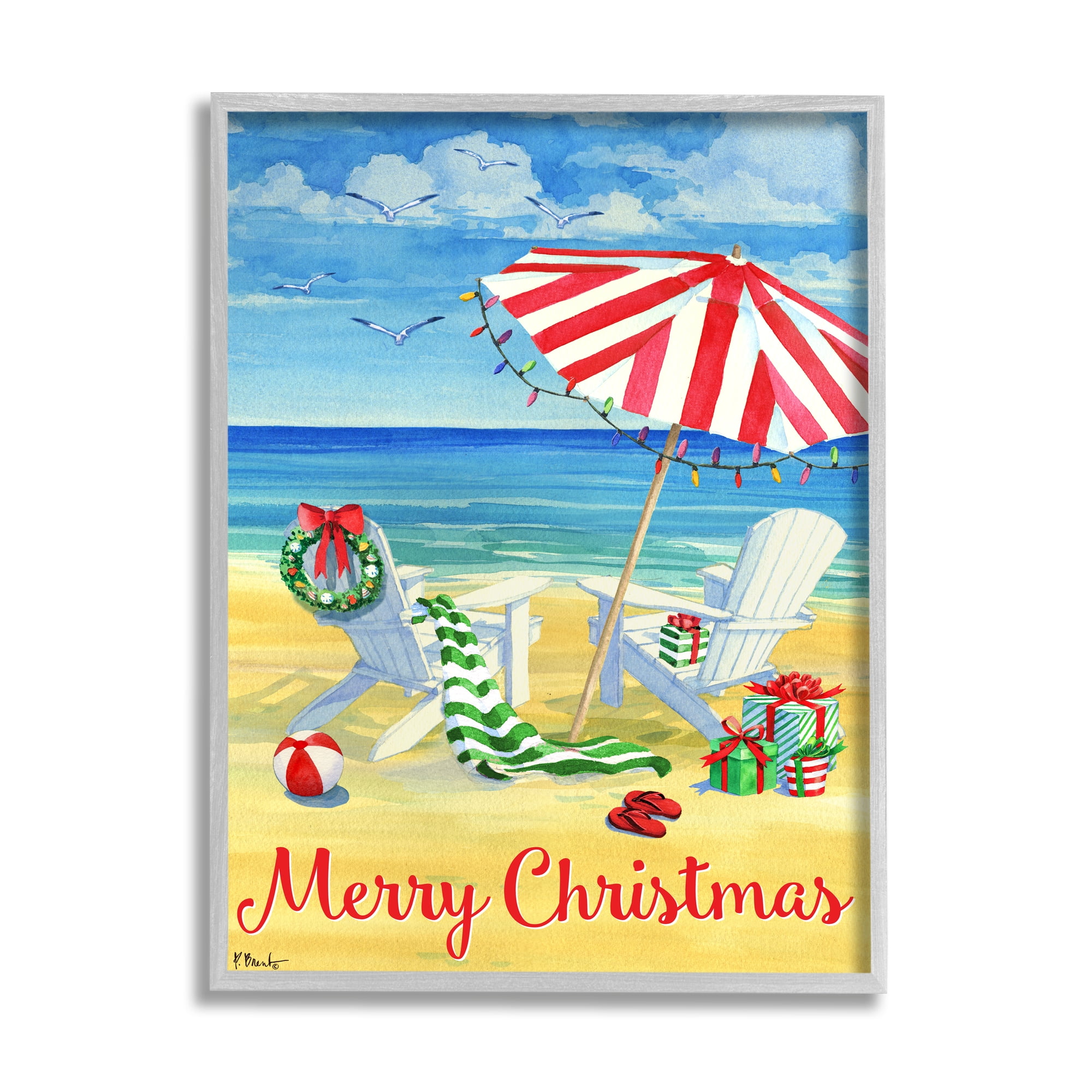 Gray Framed Coastal Merry Christmas Holiday Art Print, 16 x 20