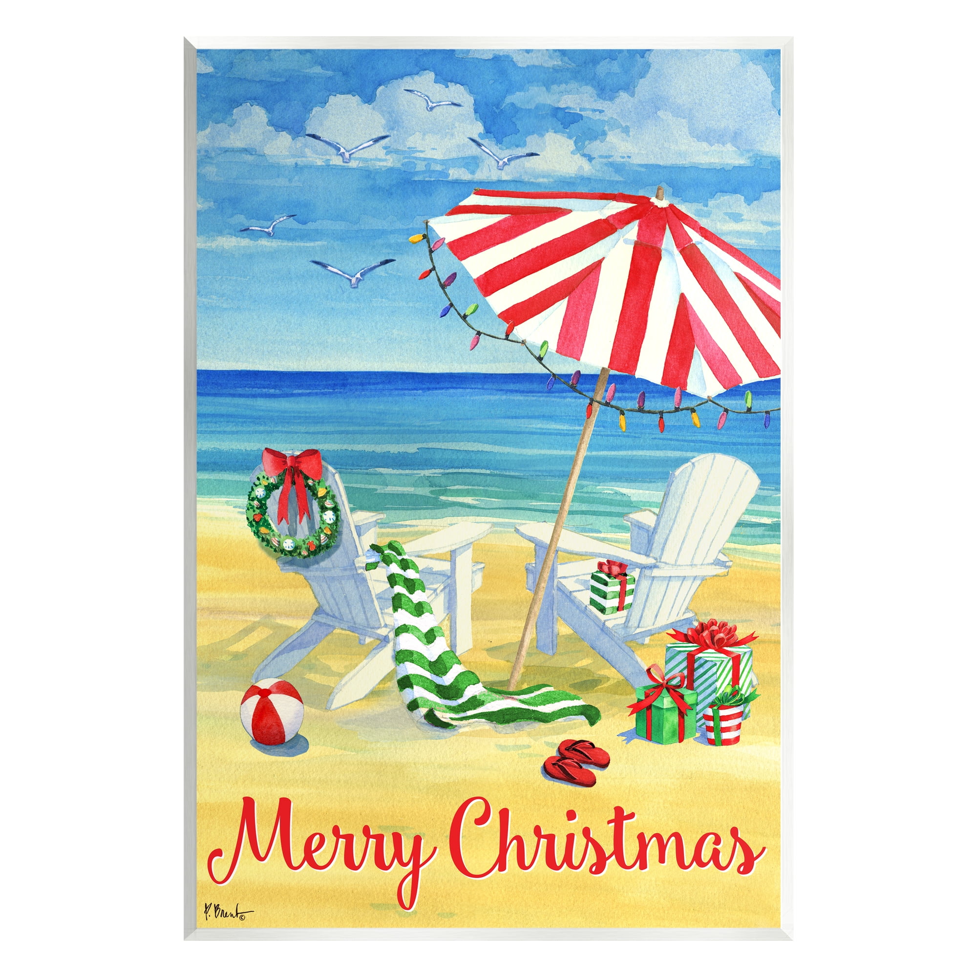 Stupell Industries Coastal Merry Christmas Holiday Painting Unframed Art Print Wall Art, 13 x 19