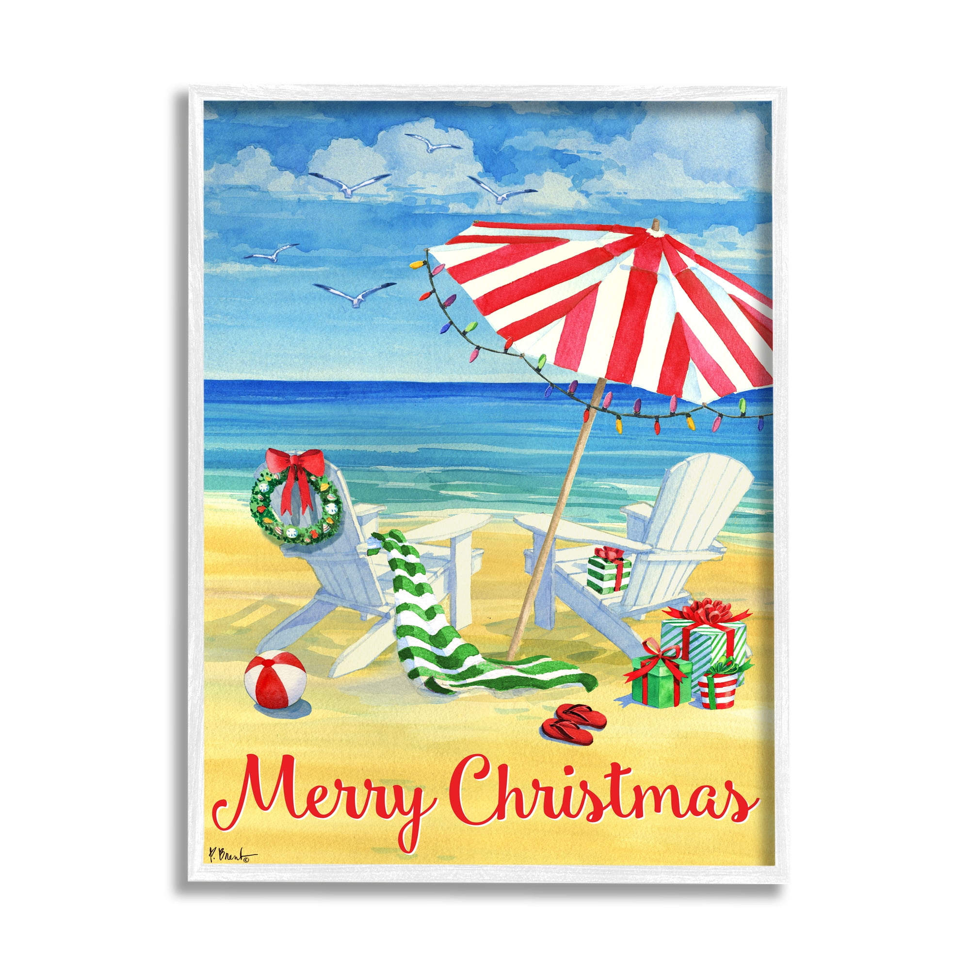 Stupell Industries Coastal Merry Christmas Holiday Painting White Framed Art Print Wall Art, 11 x 14