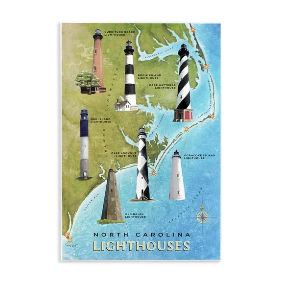 Stupell Industries Coastal North Carolina Lighthouse Map Wall Plaque Art, 10 x 15, by Art Licensing Studio