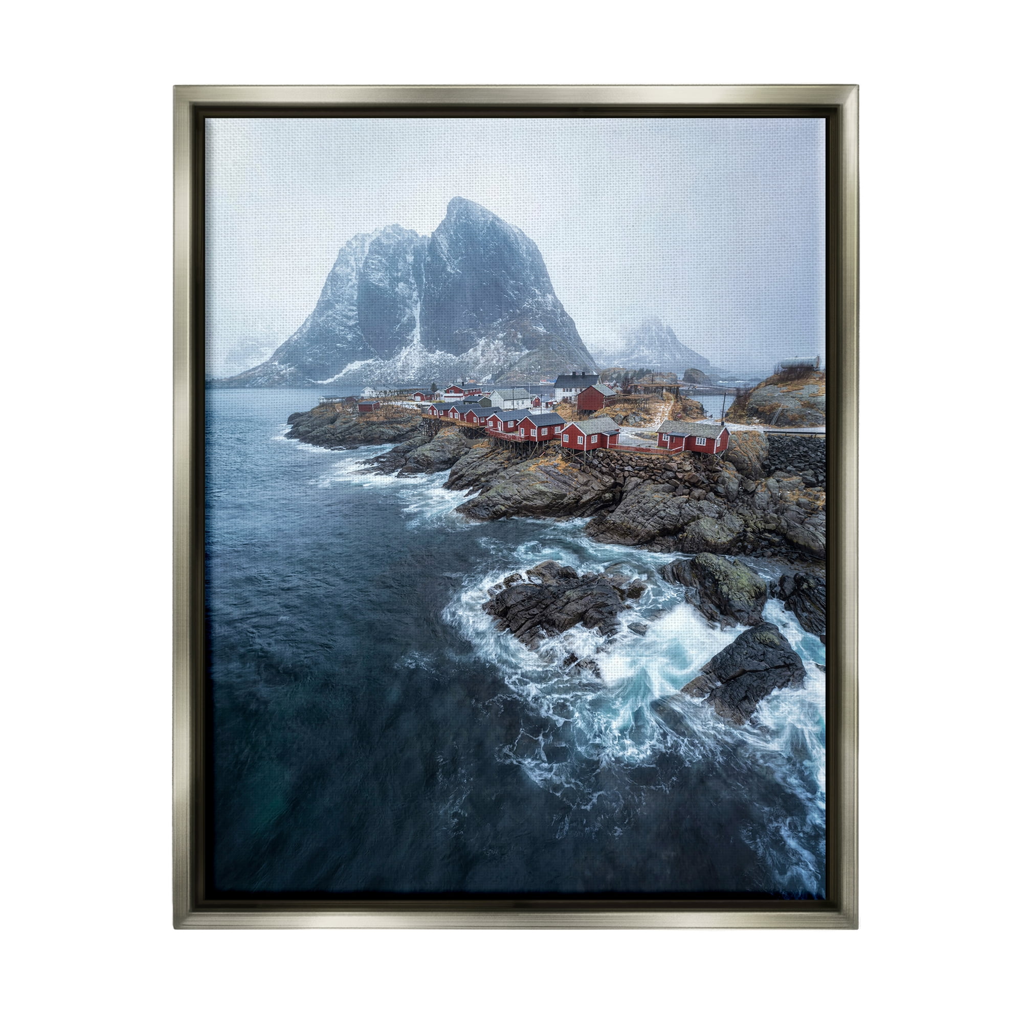 Gray Framed Coastal Ocean Village Landscape Canvas Print, 17" x 21"