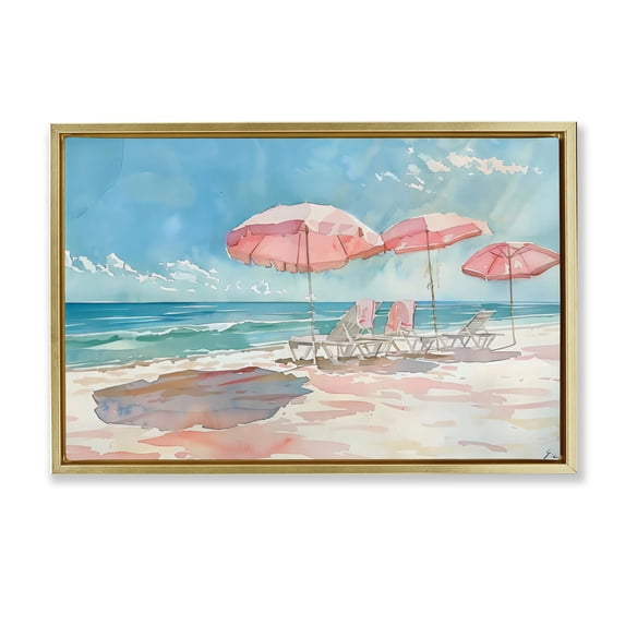Stupell Industries Coastal Pastel Pink Watercolor Beach Gold Floating Frame Canvas Art, 31 x 21, by LSR Design Studio