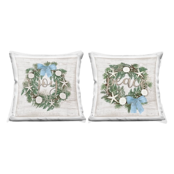 Stupell Industries Coastal Peace & Joy Wreaths 2 Piece Decorative Printed Throw Pillow Set, design by Jennifer Pugh
