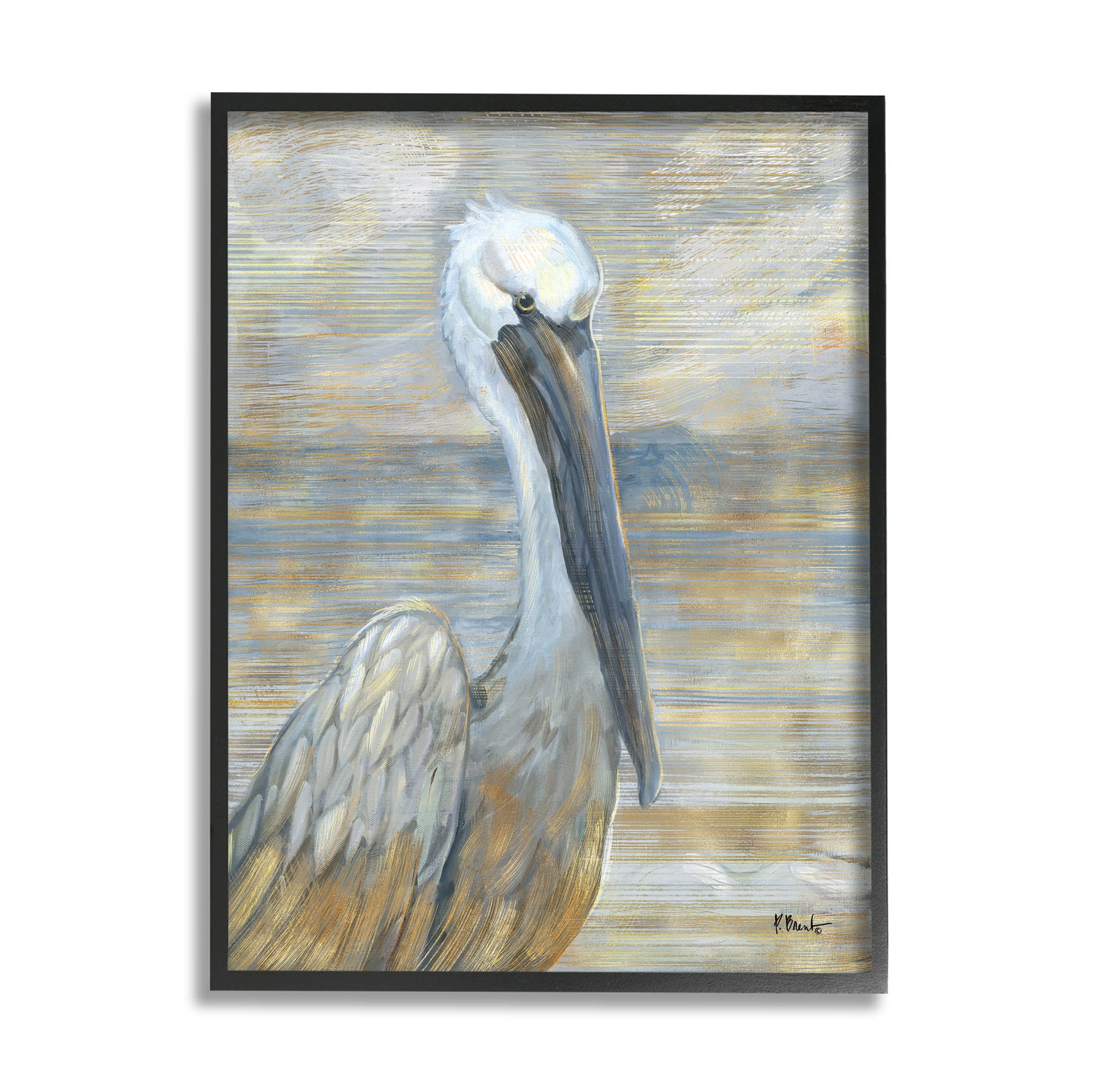 Coastal Pelican Bird Abstract Portrait Framed Giclee Art, 24 x 30