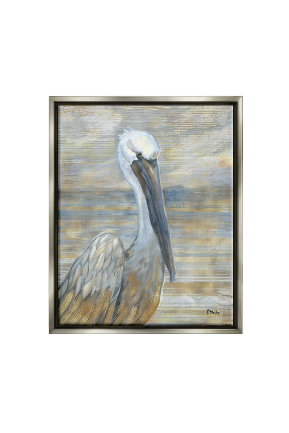 Industries Coastal Pelican Bird Abstract Portrait Painting Luster Gray Floating Framed Canvas Print Wall Art, Design by Paul Brent