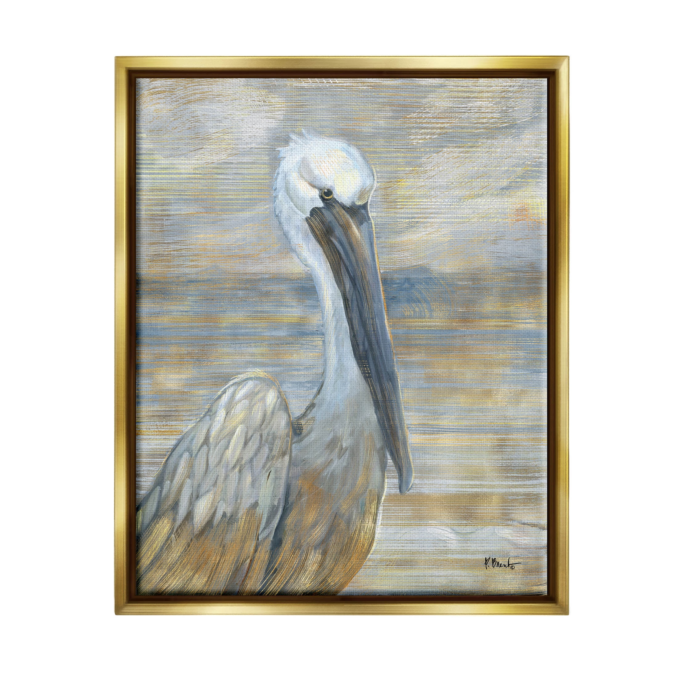 Stupell Industries Coastal Pelican Bird Abstract Portrait Painting Metallic Gold Floating Framed Canvas Print Wall Art, Design by Paul Brent
