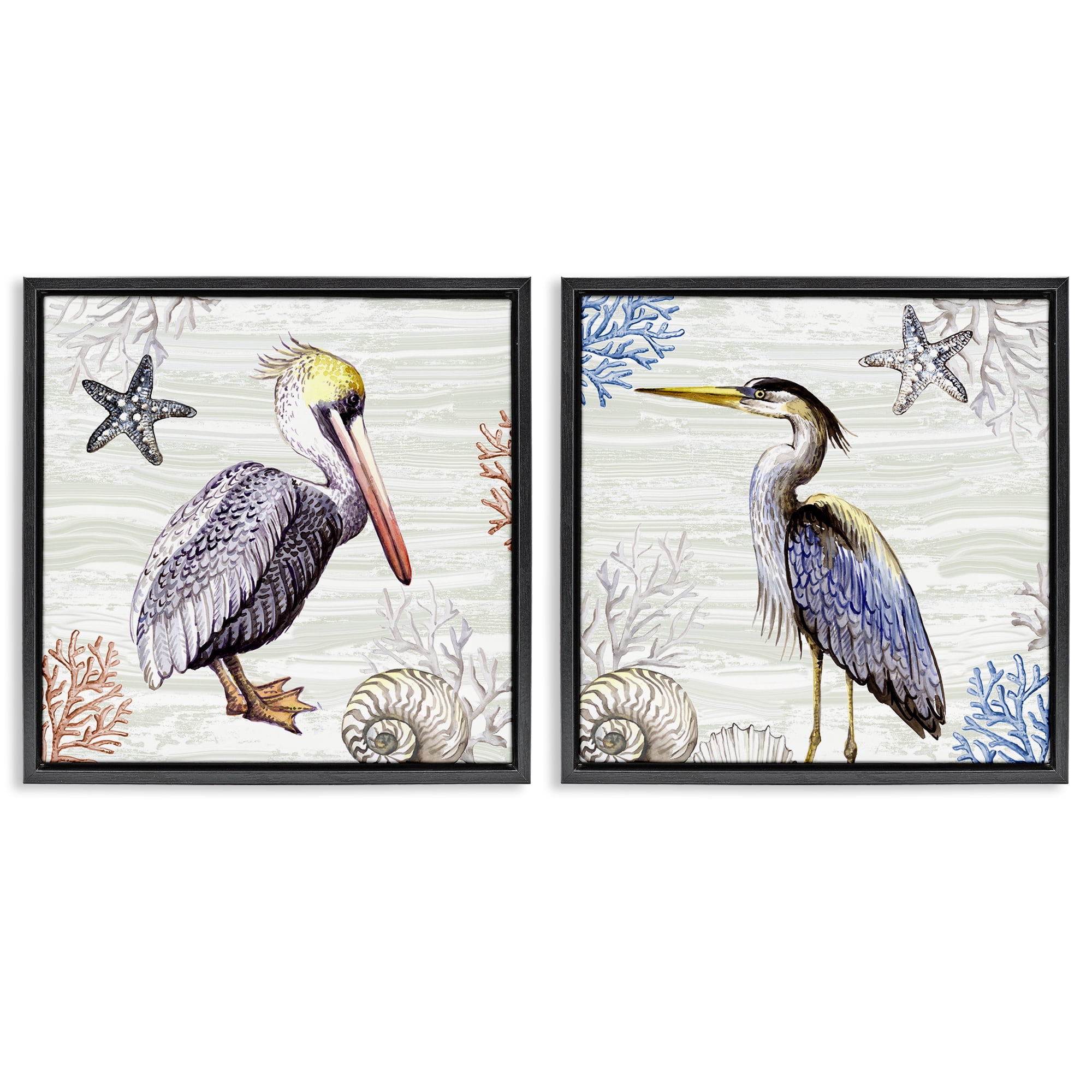 Stupell Industries Coastal Pelican & Heron Animals Painting Black Floater Framed Canvas Art Print Wall Art, 18 x 18, Set of 2
