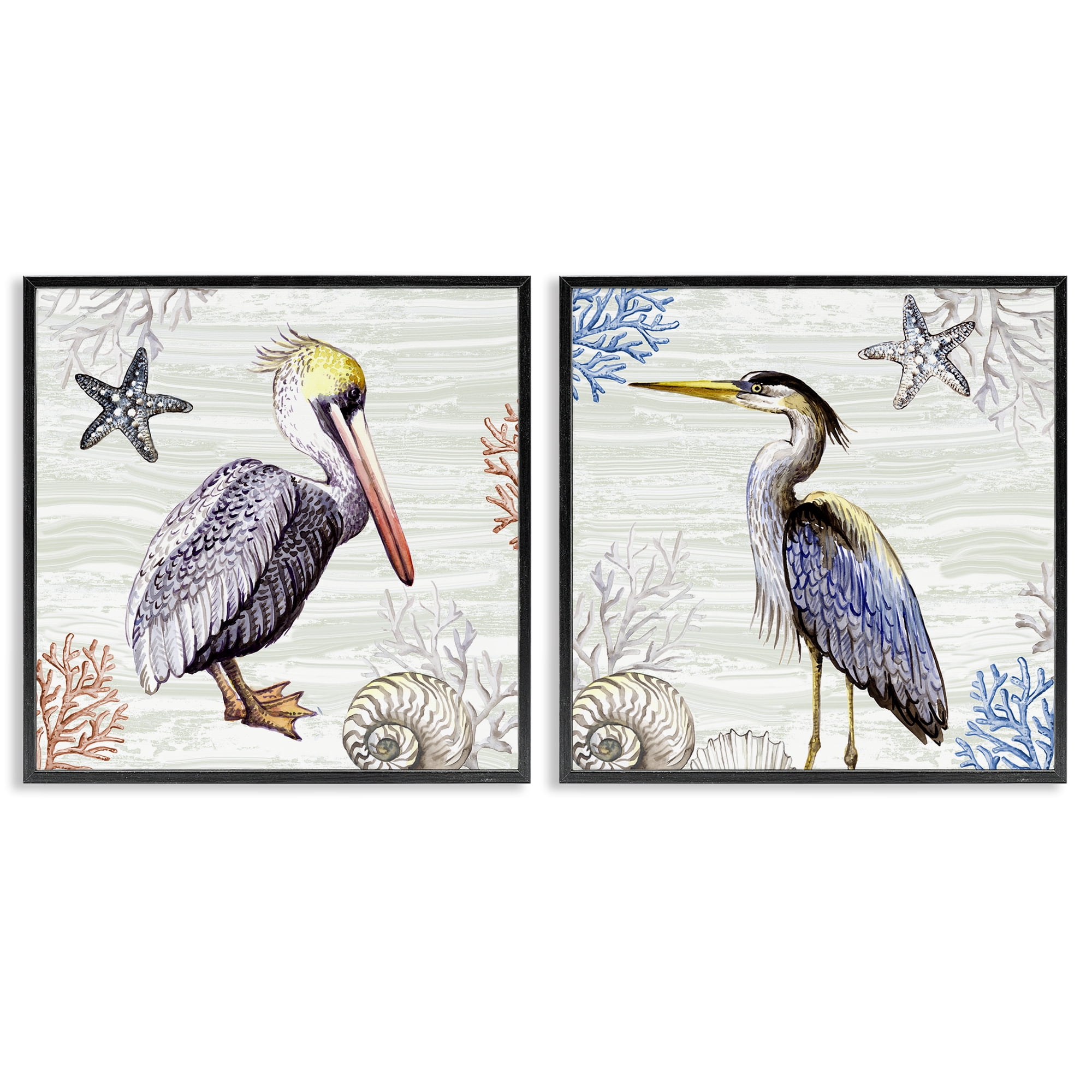 Stupell Industries Coastal Pelican & Heron Animals Painting Black Framed Art Print Wall Art, 17 x 17, Set of 2