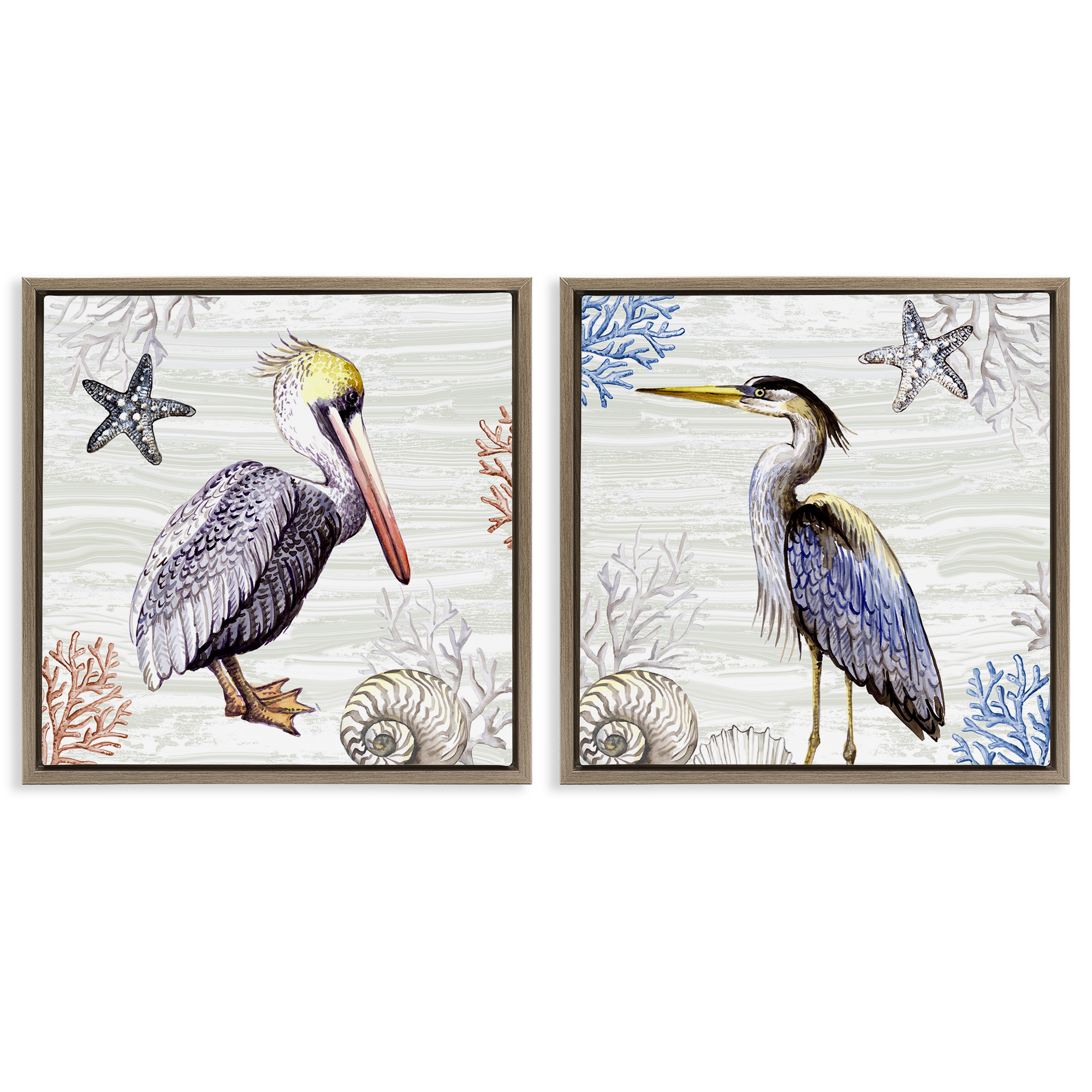 Stupell Industries Coastal Pelican & Heron Animals Painting Brown Floater Framed Canvas Art Print Wall Art, 18 x 18, Set of 2