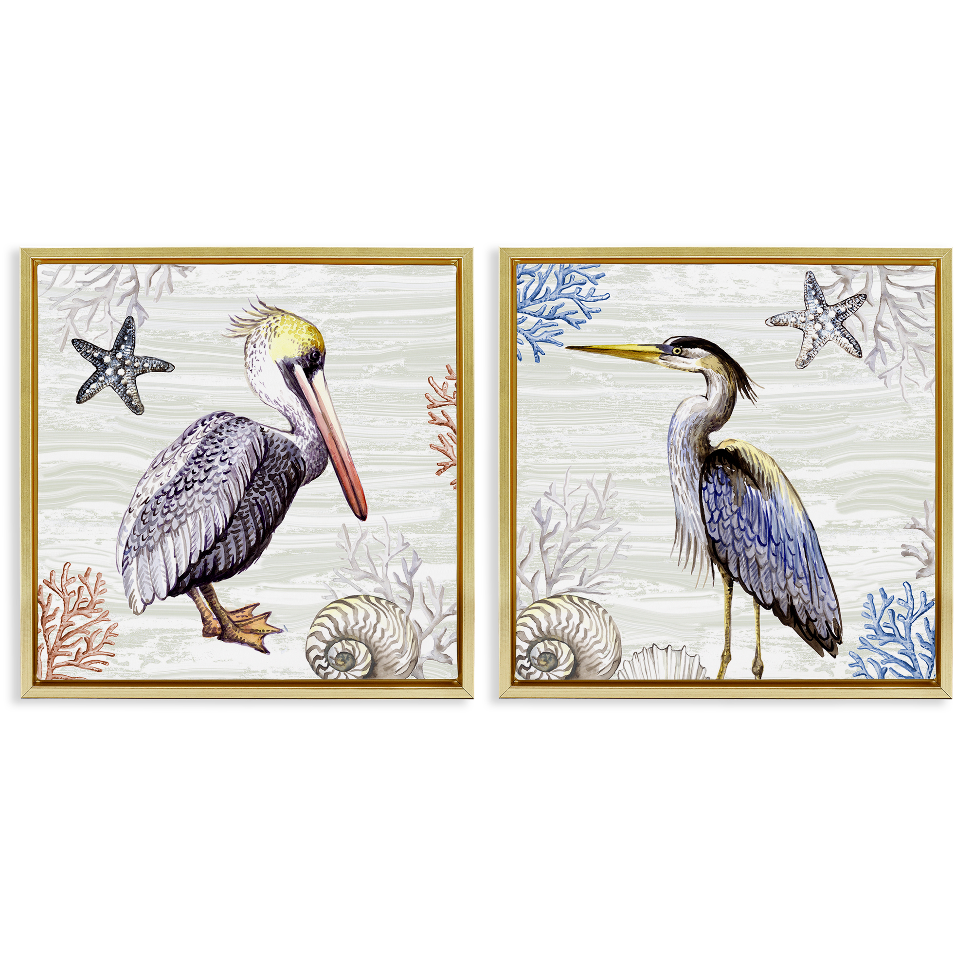 Stupell Industries Coastal Pelican & Heron Animals Painting Gold Floater Framed Canvas Art Print Wall Art, 18 x 18, Set of 2