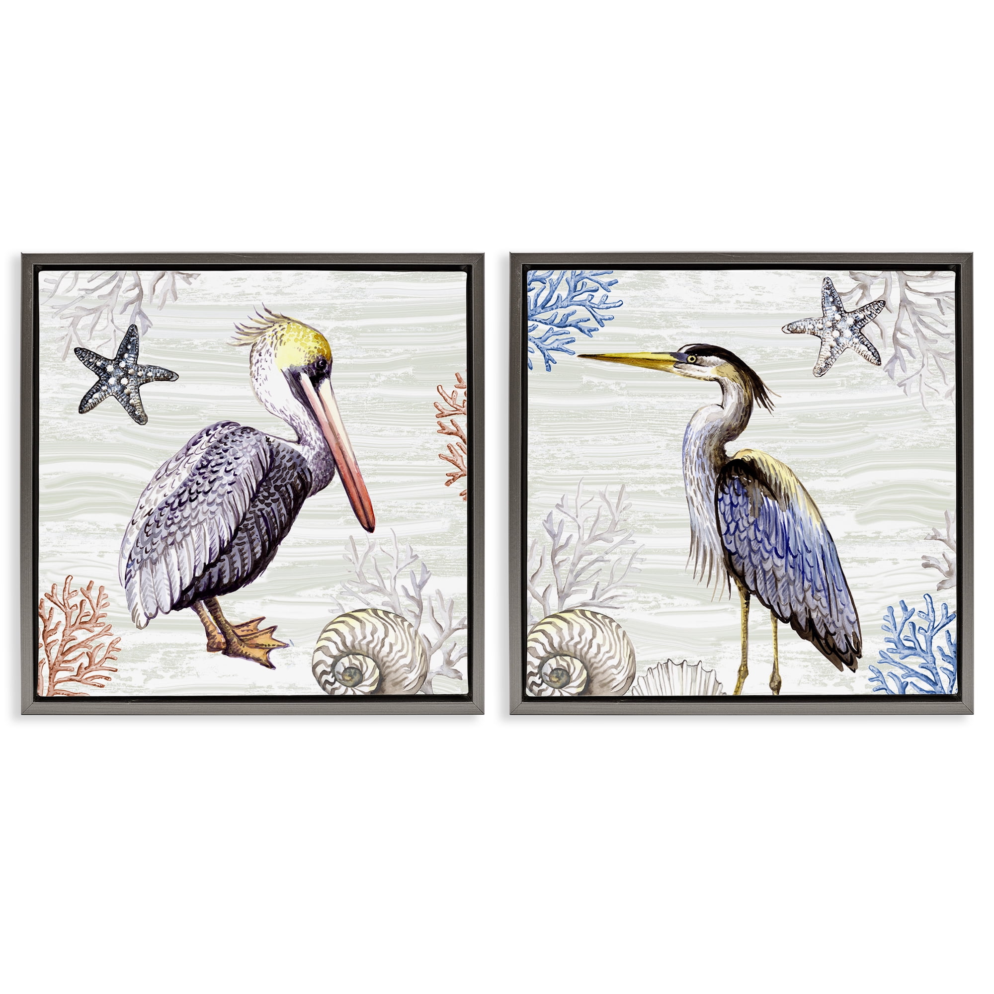 Stupell Industries Coastal Pelican & Heron Animals Painting Gray Floater Framed Canvas Art Print Wall Art, 18 x 18, Set of 2