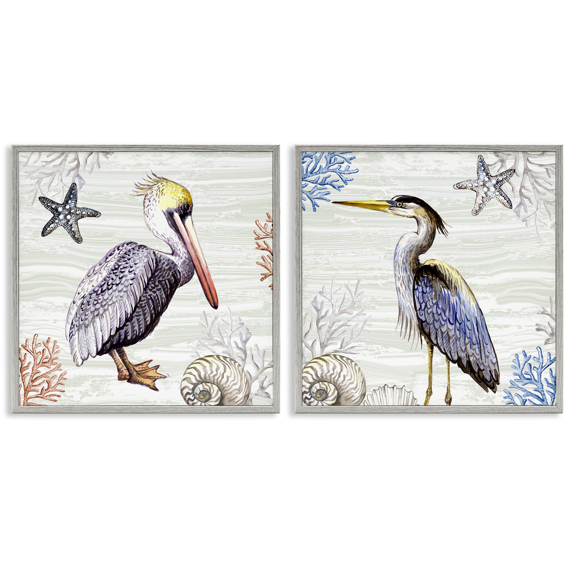 Stupell Industries Coastal Pelican & Heron Animals Painting Gray Framed Art Print Wall Art, 17 x 17, Set of 2